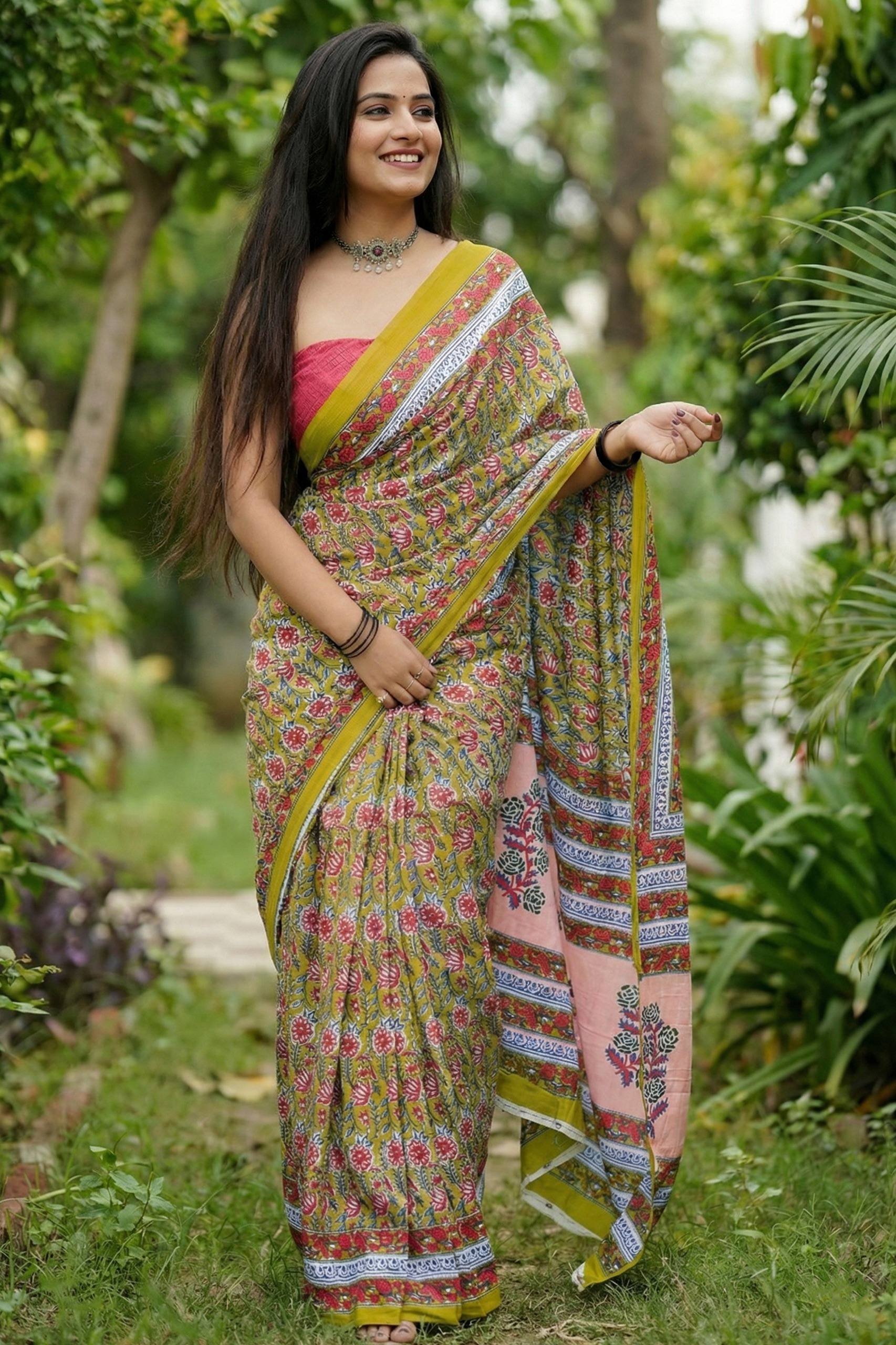 BAGRU BLOCK PRINT MULMUL COTTON MEHANDI GREEN SAREE WITH BLOUSE