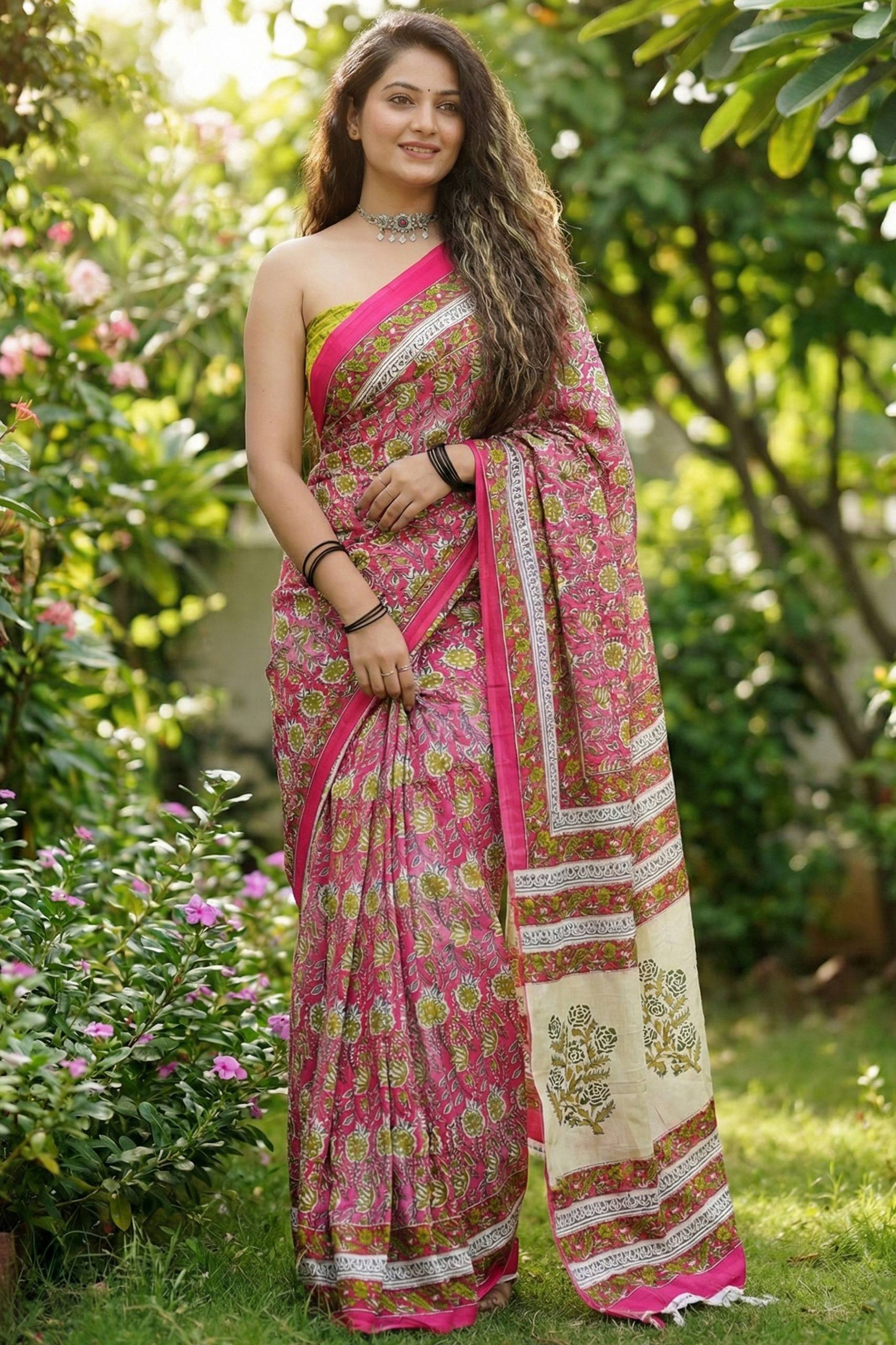BAGRU BLOCK PRINT MULMUL COTTON PINK SAREE WITH BLOUSE