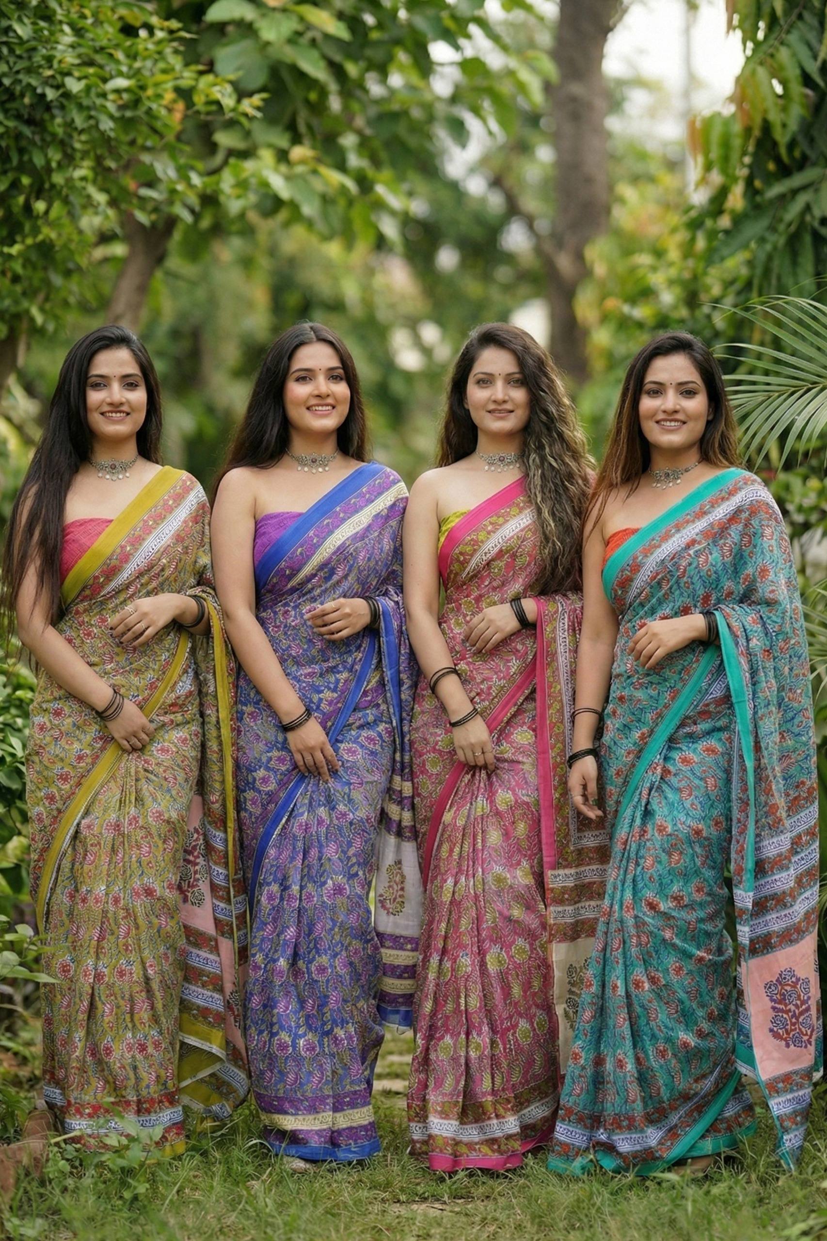 BAGRU BLOCK PRINT MULMUL COTTON MEHANDI GREEN SAREE WITH BLOUSE