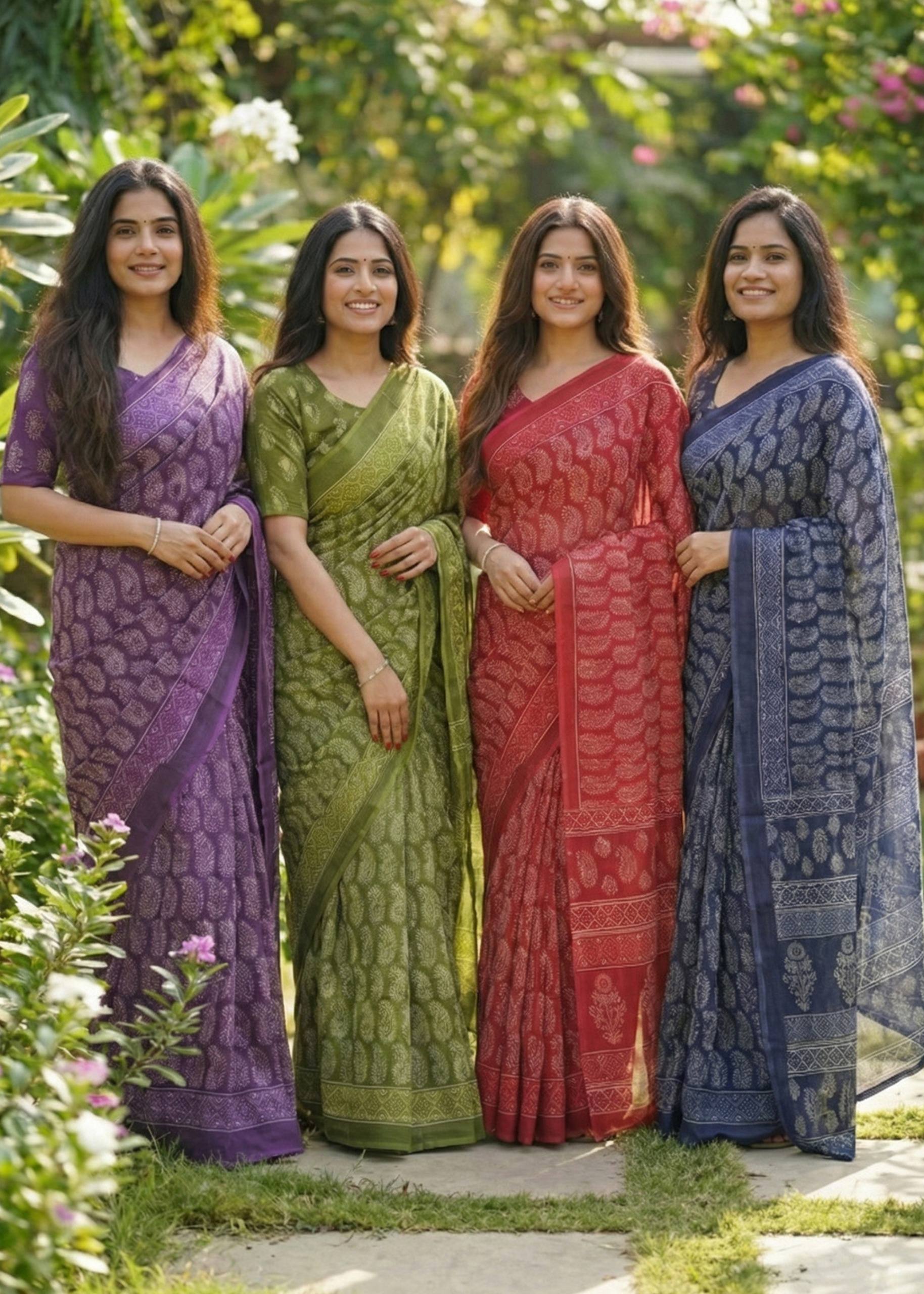 PURE SOFT COTTON HAND BAGRU PRINT NEVY BLUE SAREE WITH BLOUSE