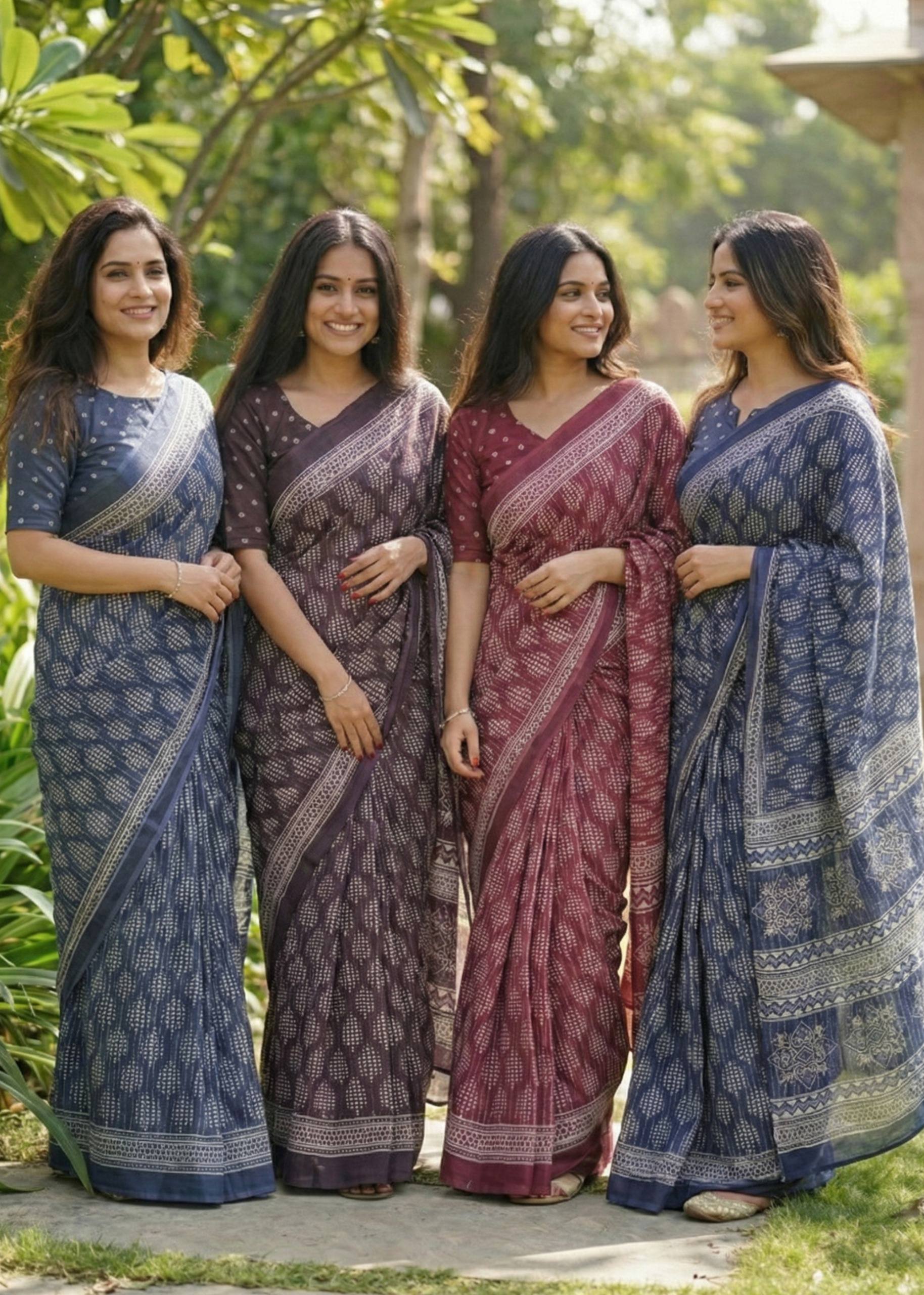 PURE SOFT COTTON HAND BAGRU PRINT BLUE SAREE WITH BLOUSE