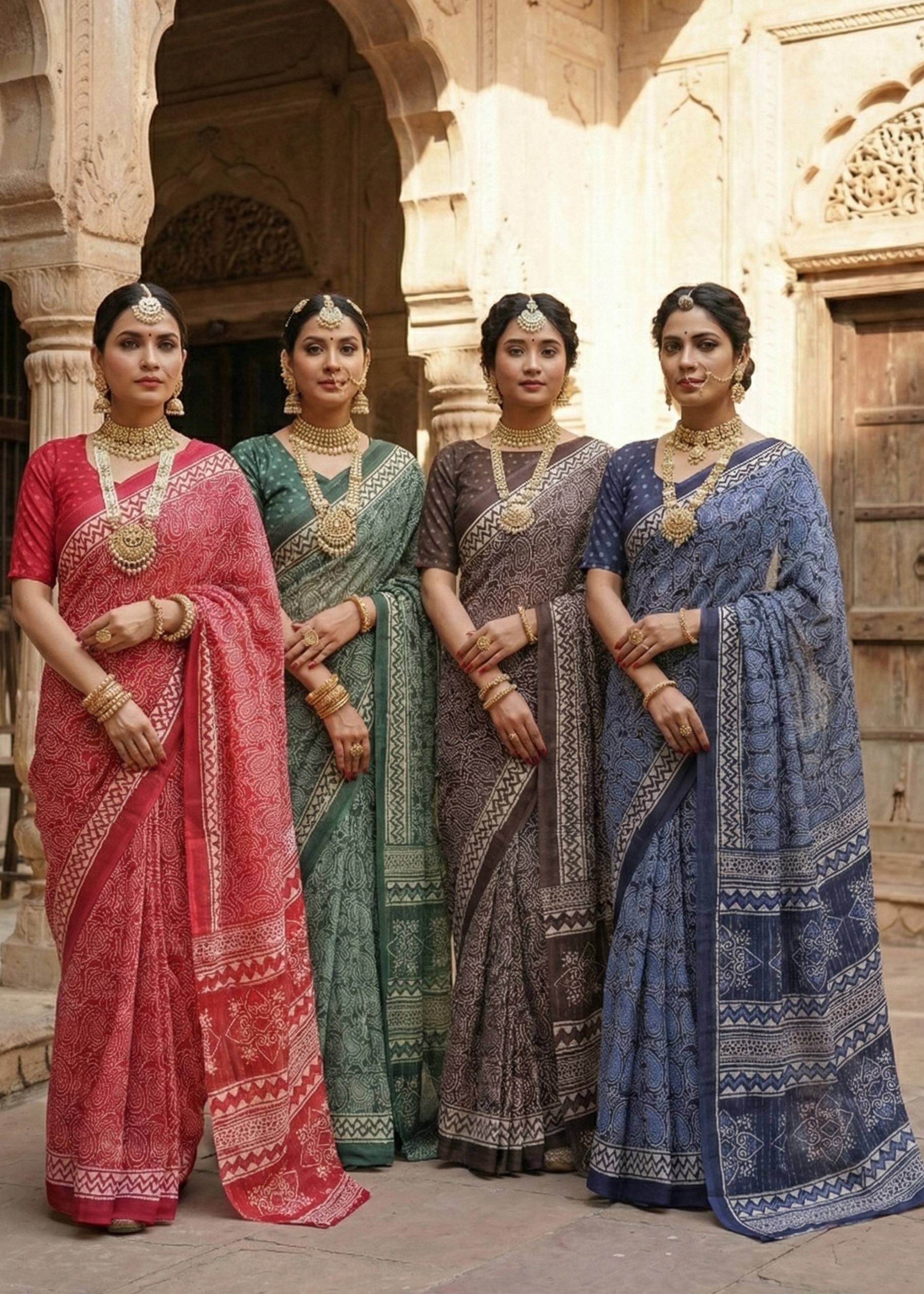 PURE SOFT COTTON HAND BAGRU PRINT BLUE SAREE WITH BLOUSE