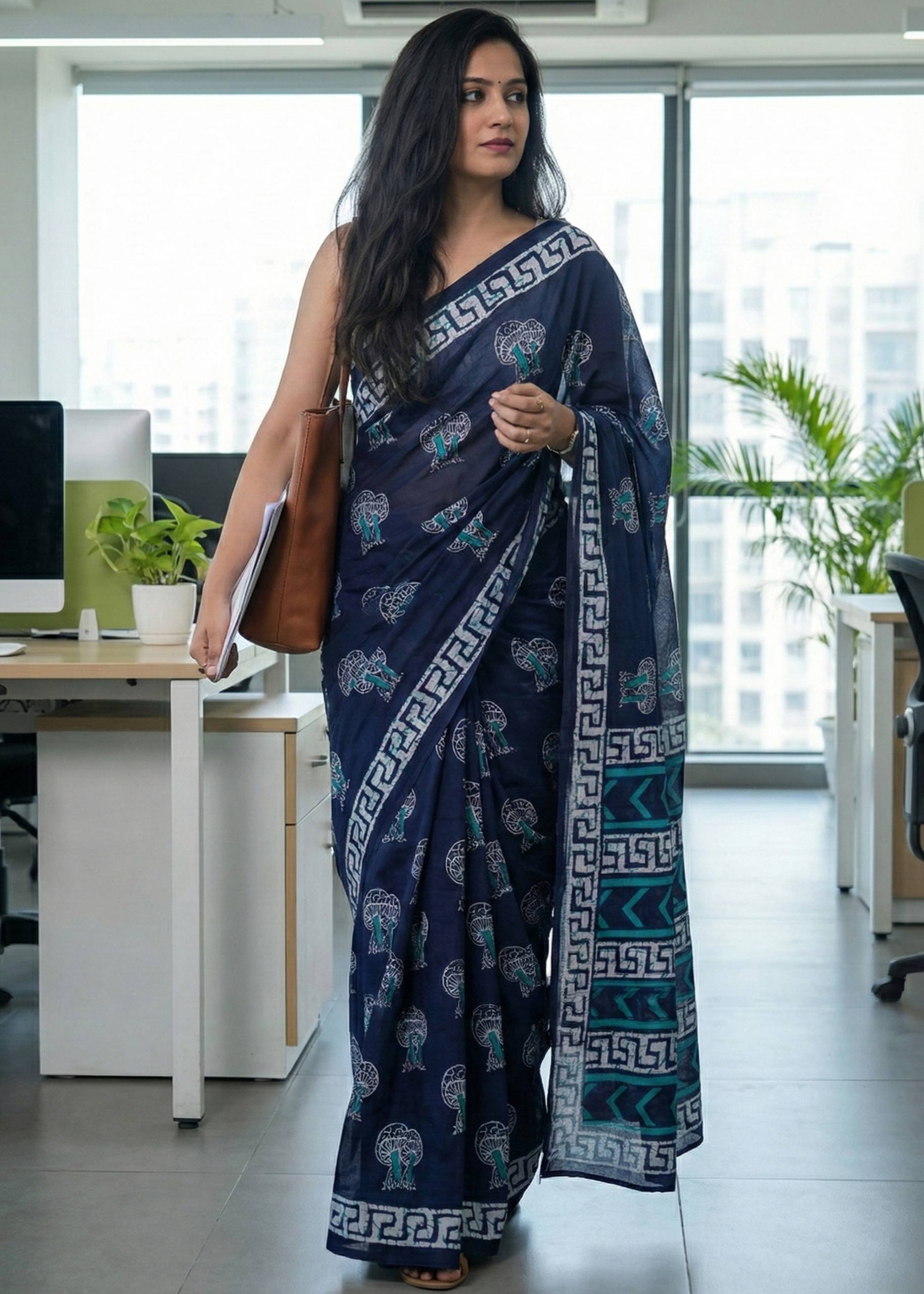 PURE SOFT COTTON HAND BLOCK BAGRU PRINT NEVY BLUE SAREE WITH BLOUSE