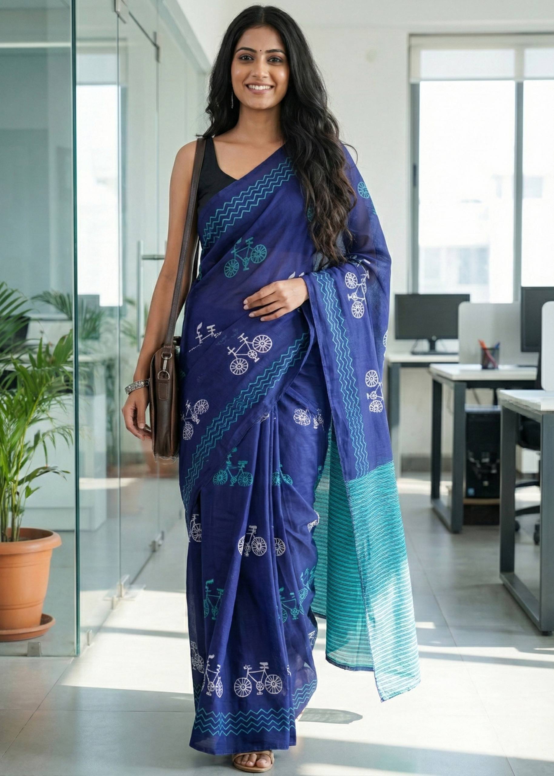 PURE SOFT COTTON HAND BLOCK BAGRU PRINT BLUE SAREE WITH BLOUSE