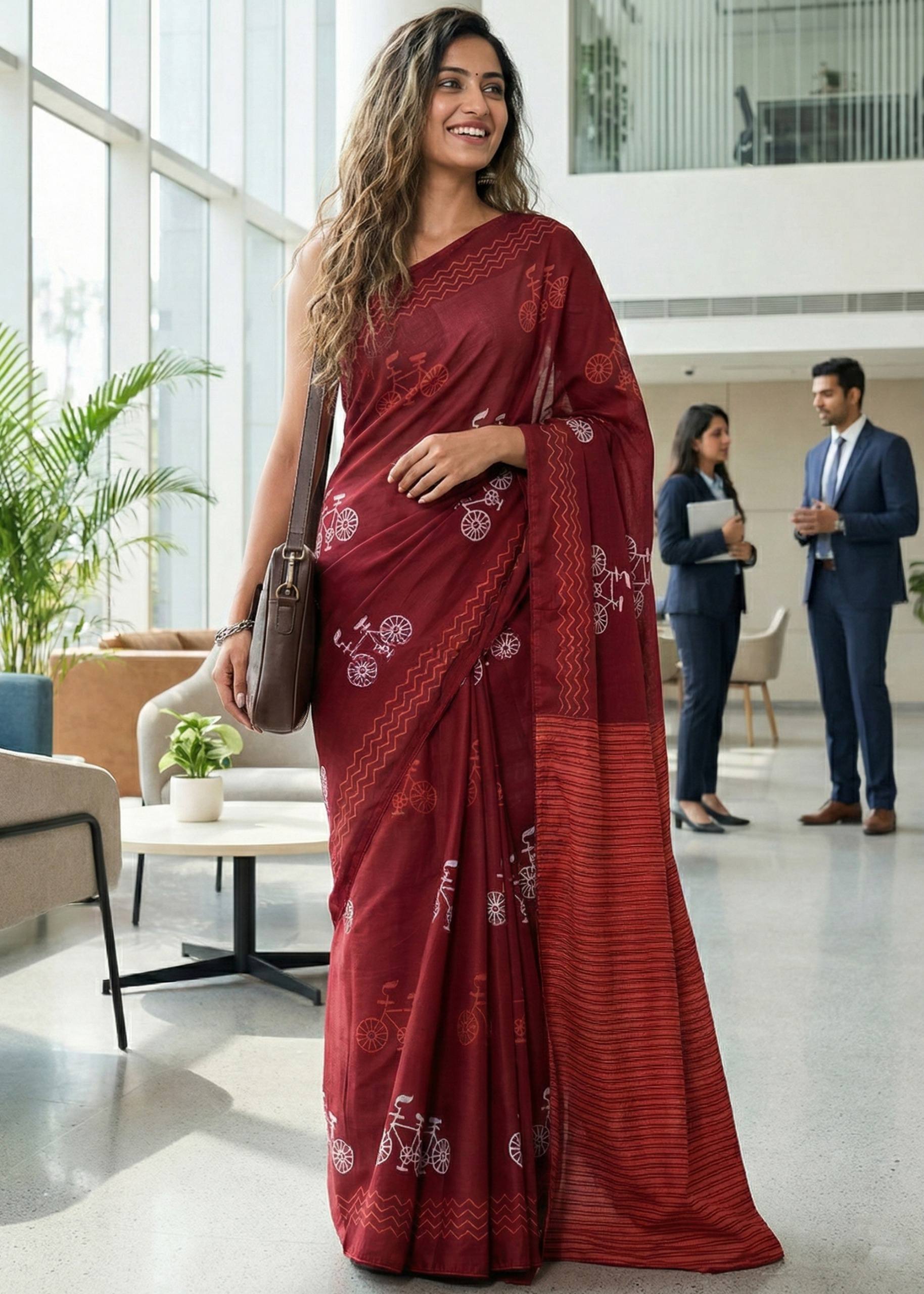 PURE SOFT COTTON HAND BLOCK BAGRU PRINT MAROON SAREE WITH BLOUSE