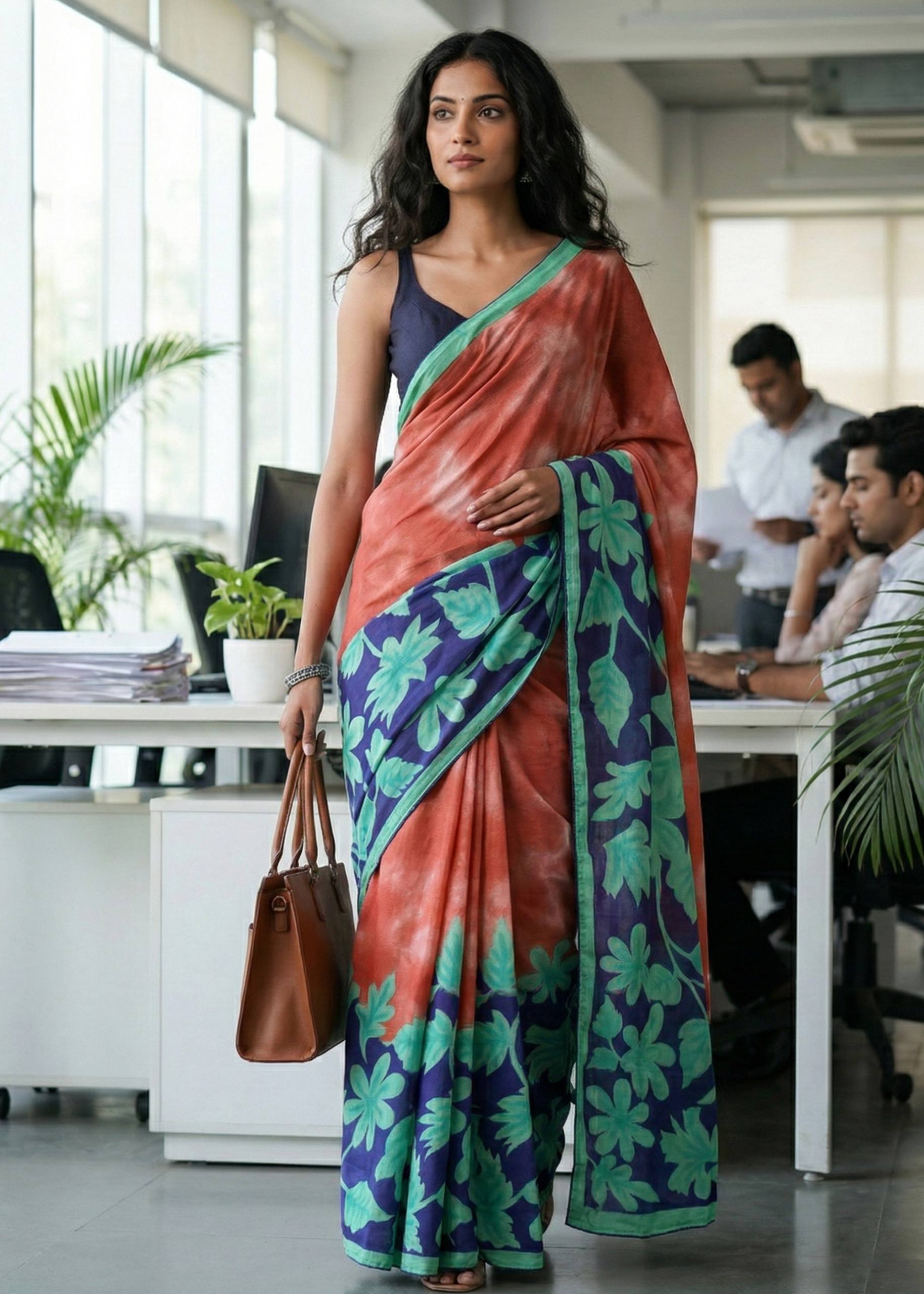 PURE SOFT COTTON HAND BLOCK BAGRU PRINT ORANGE SAREE WITH BLOUSE