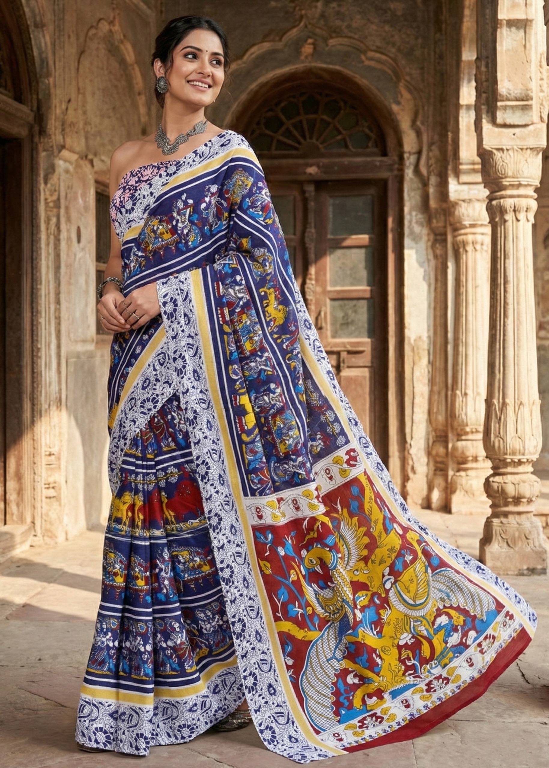 PURE MULMUL COTTON KALMKARI HAND BLOCK PRINT BLUE SAREE WITH BLOUSE
