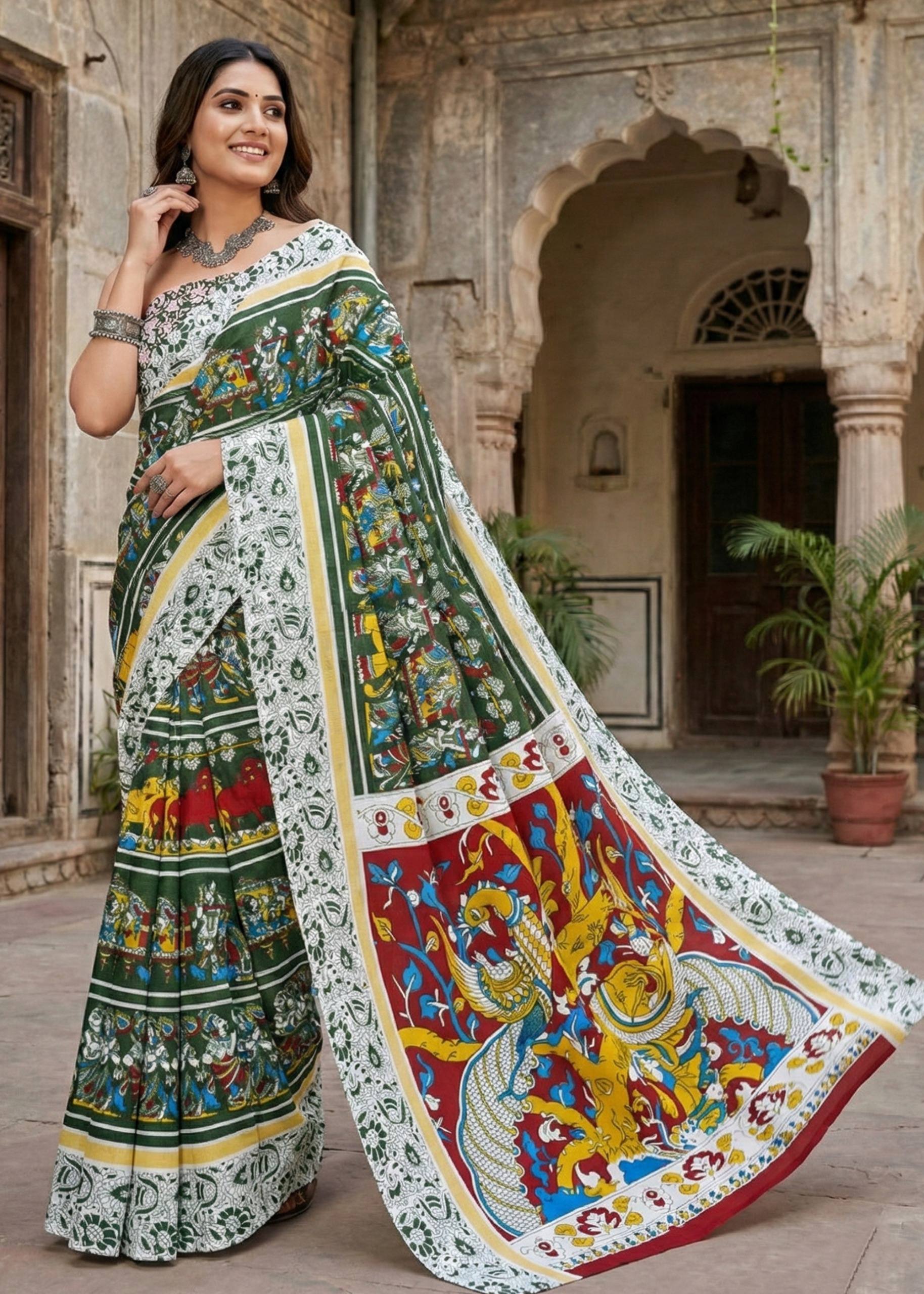 PURE MULMUL COTTON KALMKARI HAND BLOCK PRINT GREEN SAREE WITH BLOUSE