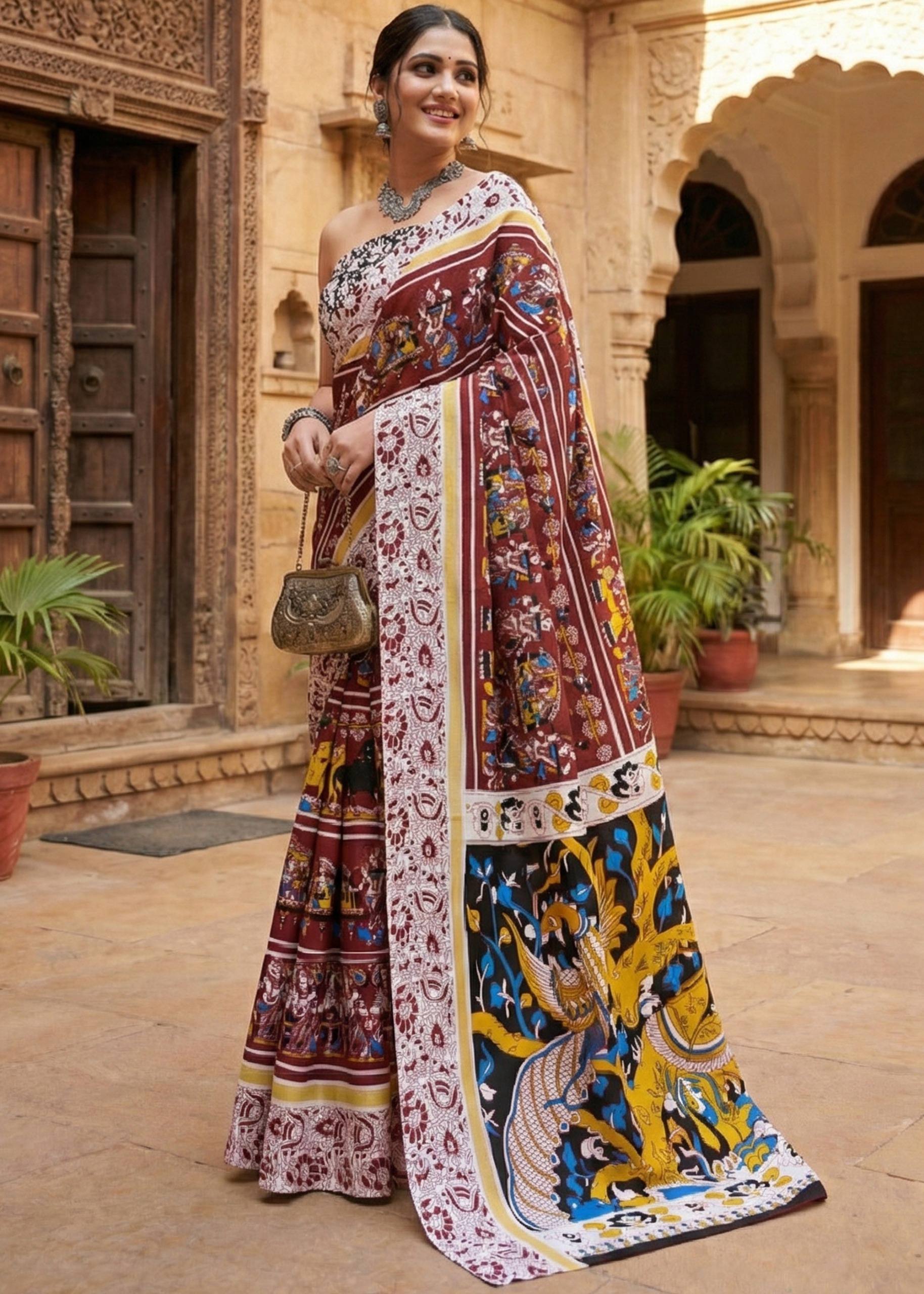 PURE MULMUL COTTON KALMKARI HAND BLOCK PRINT MAROON SAREE WITH BLOUSE