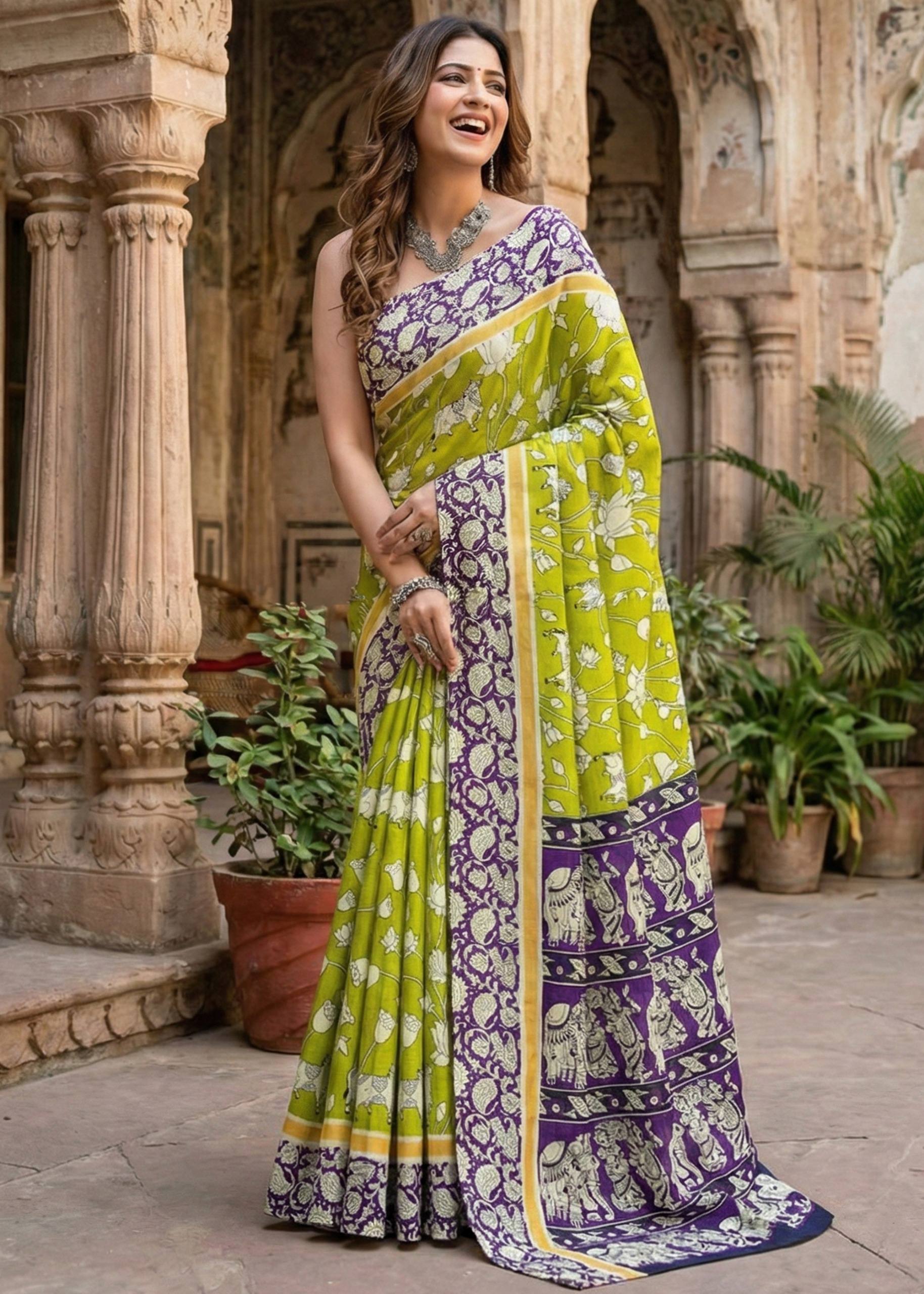 PURE MULMUL COTTON KALMKARI HAND BLOCK PRINT MEHANDI GREEN SAREE WITH BLOUSE