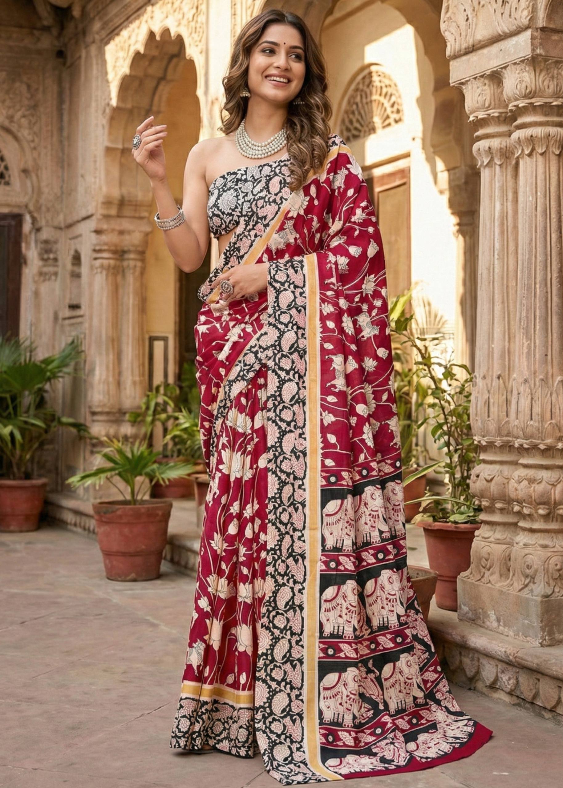 PURE MULMUL COTTON KALMKARI HAND BLOCK PRINT PINK AND BLACK SAREE WITH BLOUSE