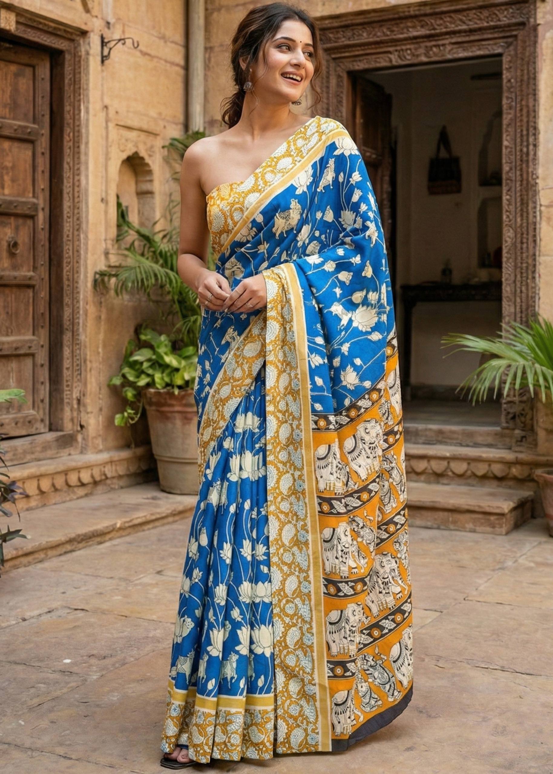 PURE MULMUL COTTON KALMKARI HAND BLOCK PRINT BLUE SAREE WITH BLOUSE