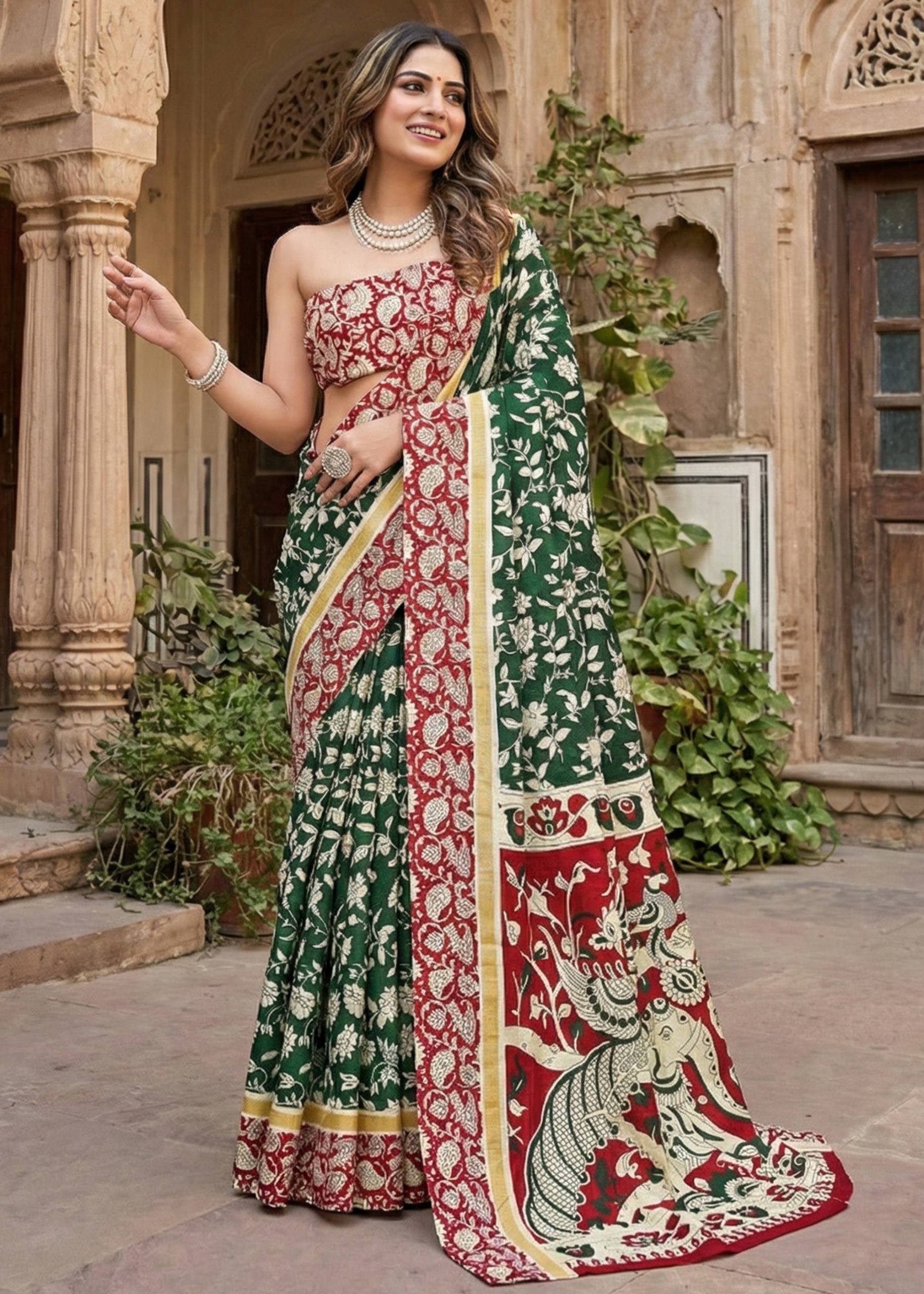 PURE MULMUL COTTON KALMKARI HAND BLOCK PRINT DARK GREEN SAREE WITH BLOUSE
