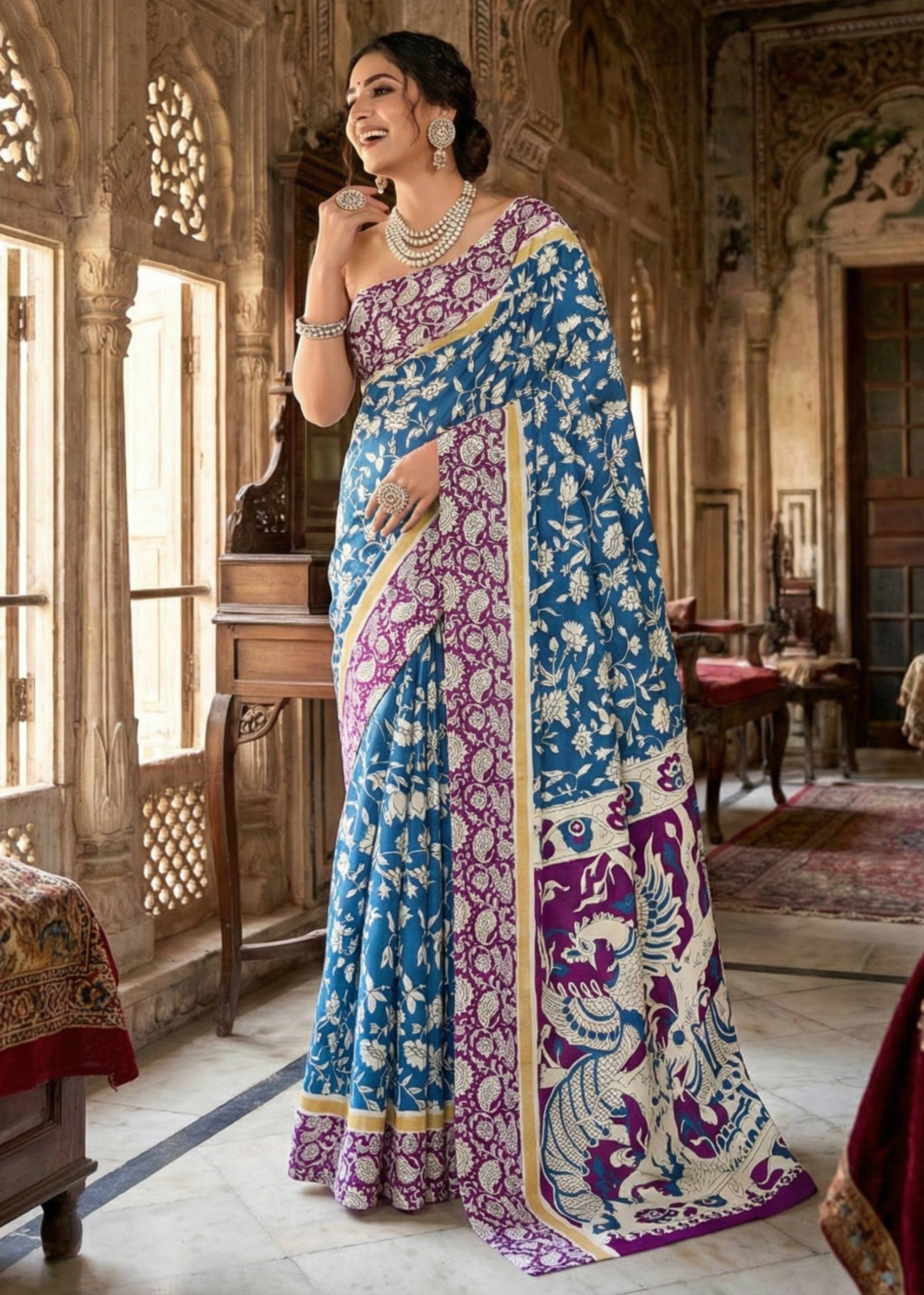 PURE MULMUL COTTON KALMKARI HAND BLOCK PRINT BLUE AND PURPLE SAREE WITH BLOUSE