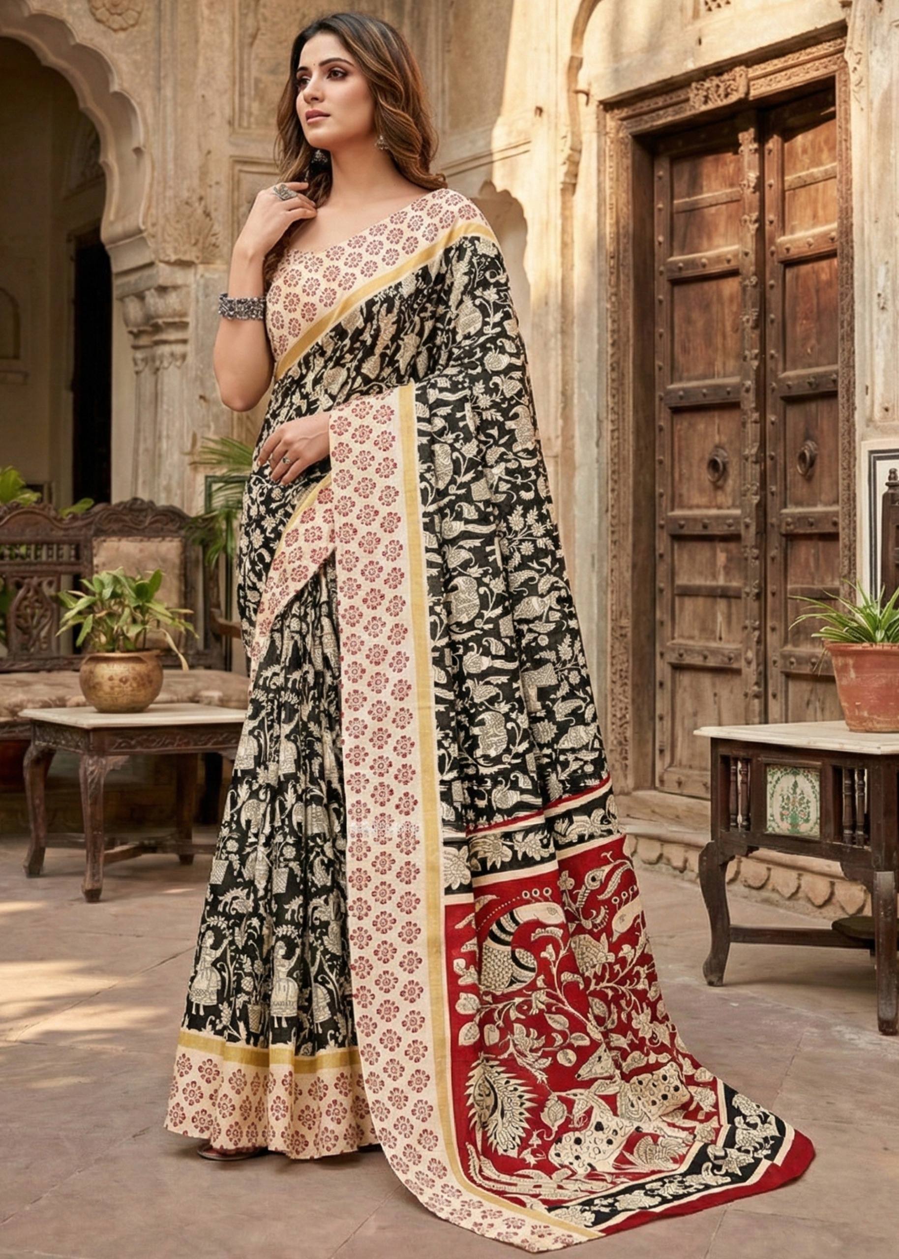 PURE MULMUL COTTON KALMKARI HAND BLOCK PRINT BLACK AND RED SAREE WITH BLOUSE