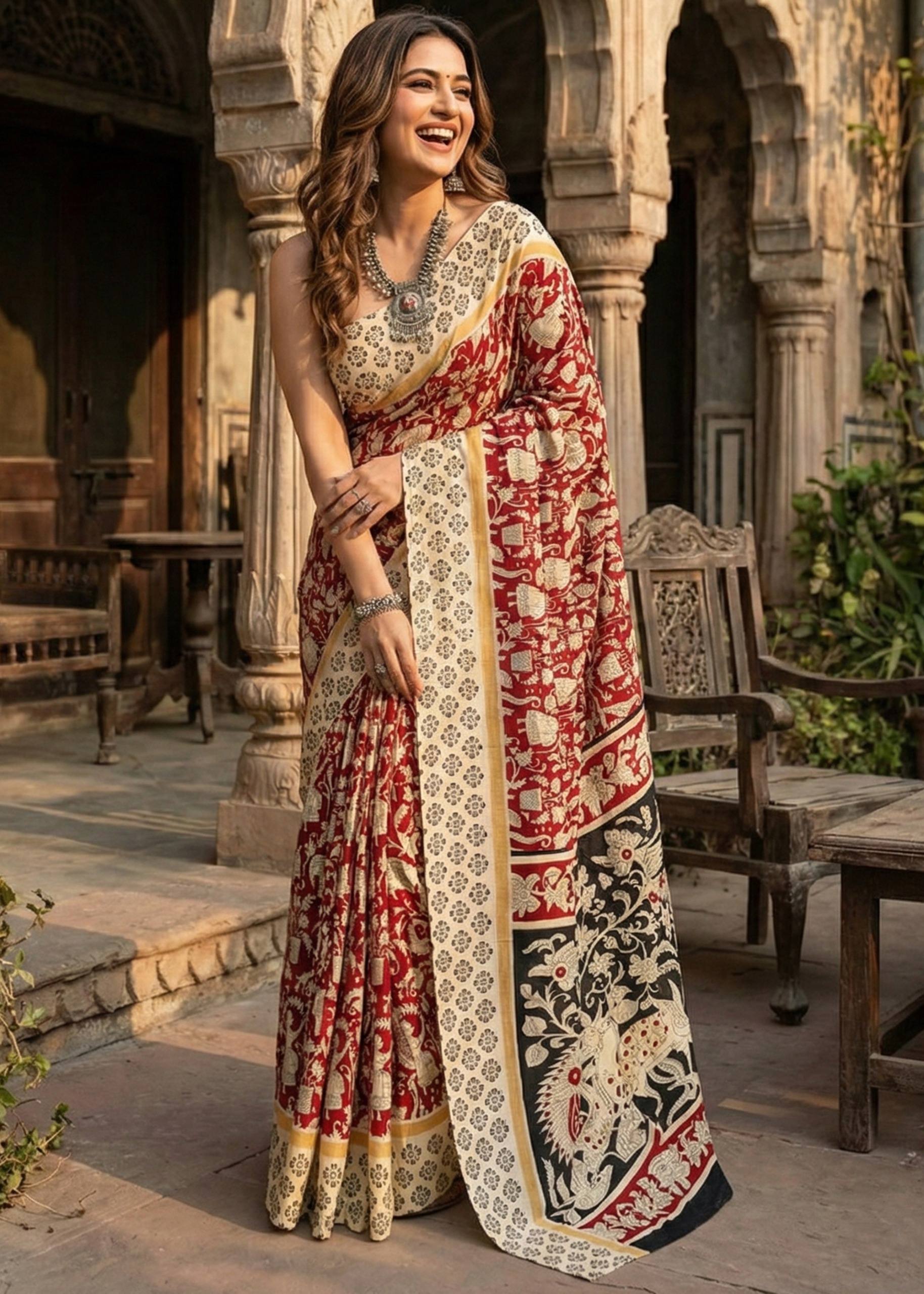 PURE MULMUL COTTON KALMKARI HAND BLOCK PRINT RED AND BLACK  SAREE WITH BLOUSE