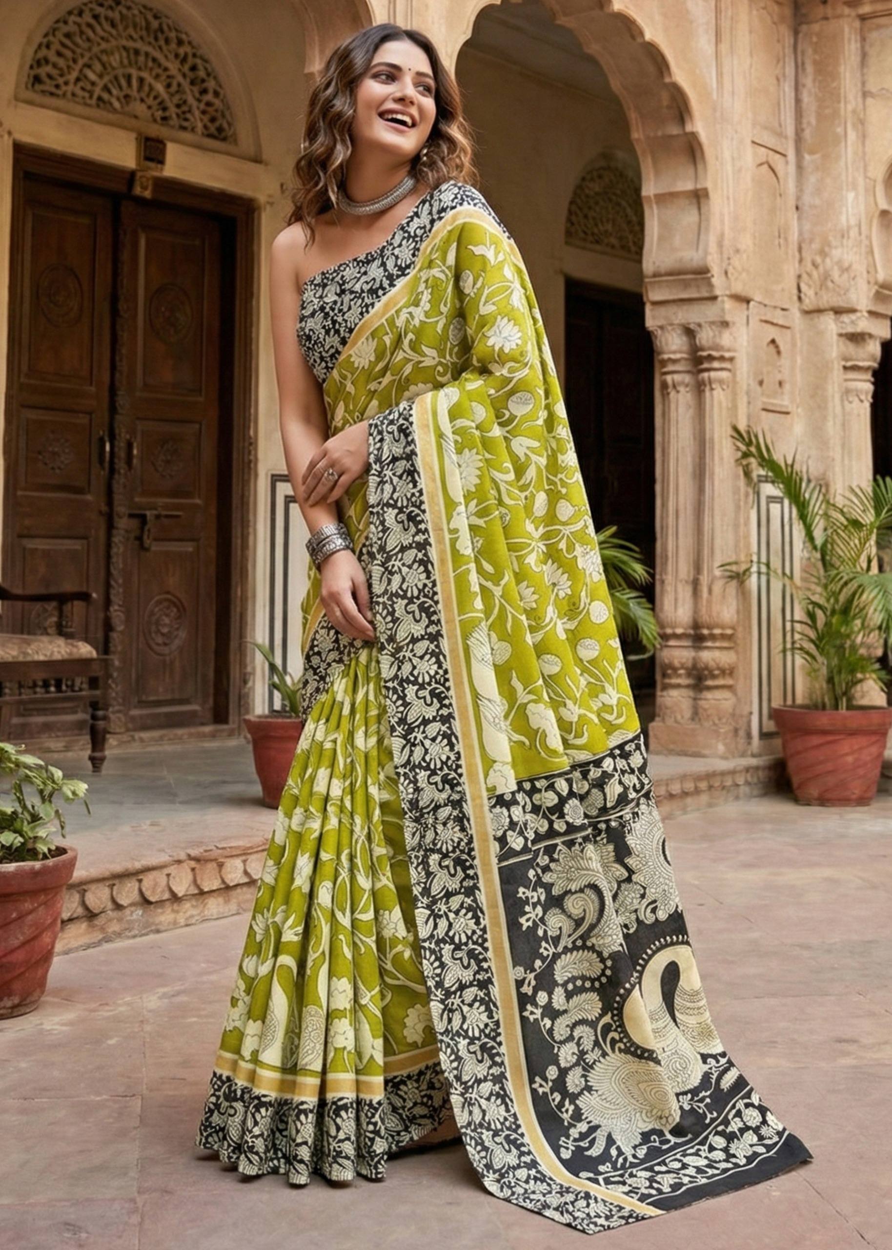 PURE MULMUL COTTON KALMKARI HAND BLOCK PRINT GREEN AND BLACK SAREE WITH BLOUSE