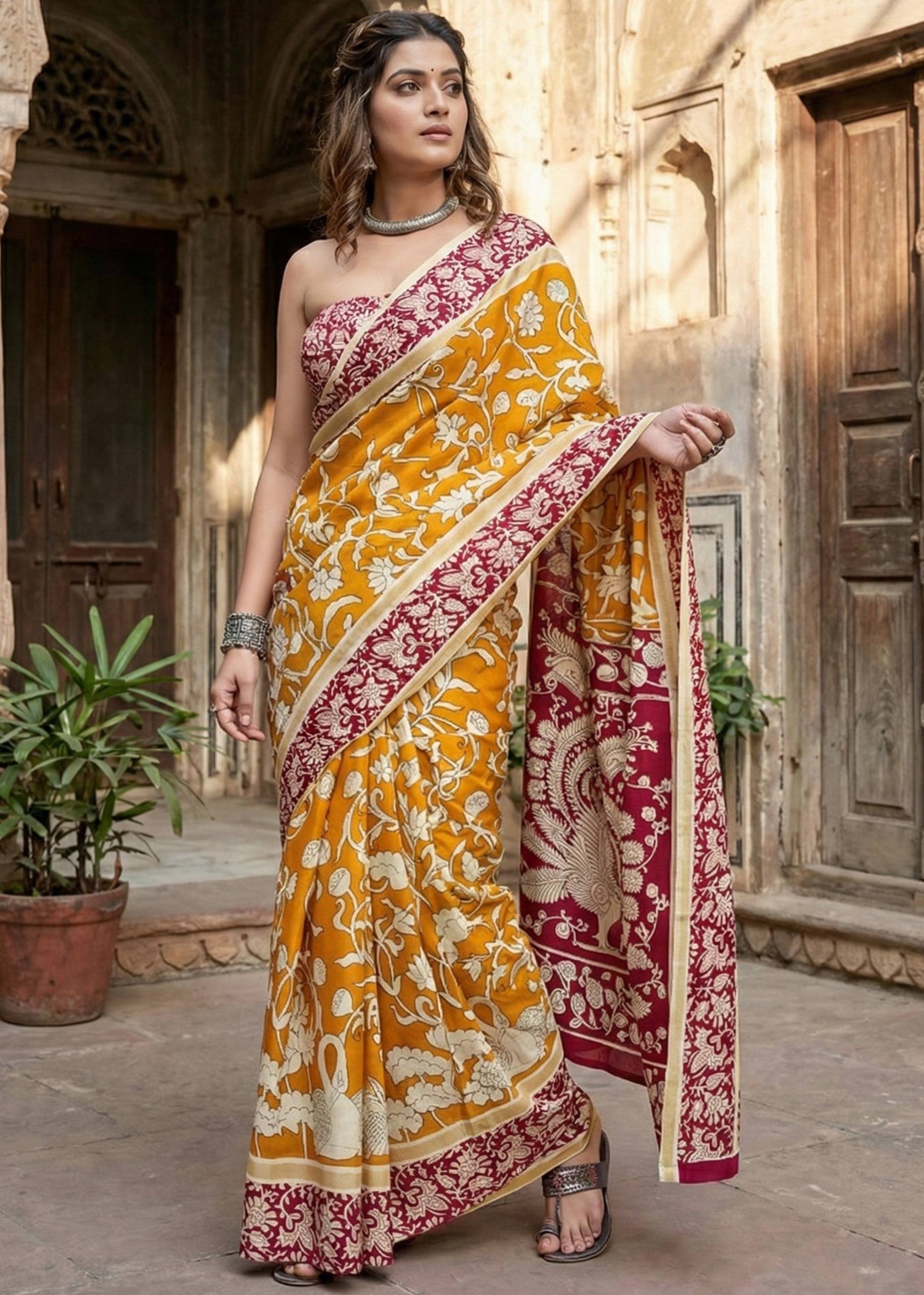 PURE MULMUL COTTON KALMKARI HAND BLOCK PRINT YELLOW AND RED SAREE WITH BLOUSE