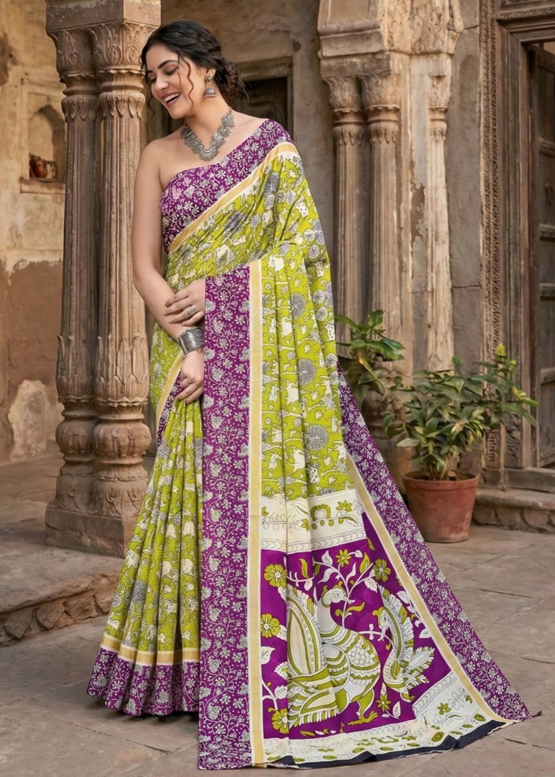 PURE MULMUL COTTON KALMKARI HAND BLOCK PRINT GREEN AND PURPLE SAREE WITH BLOUSE