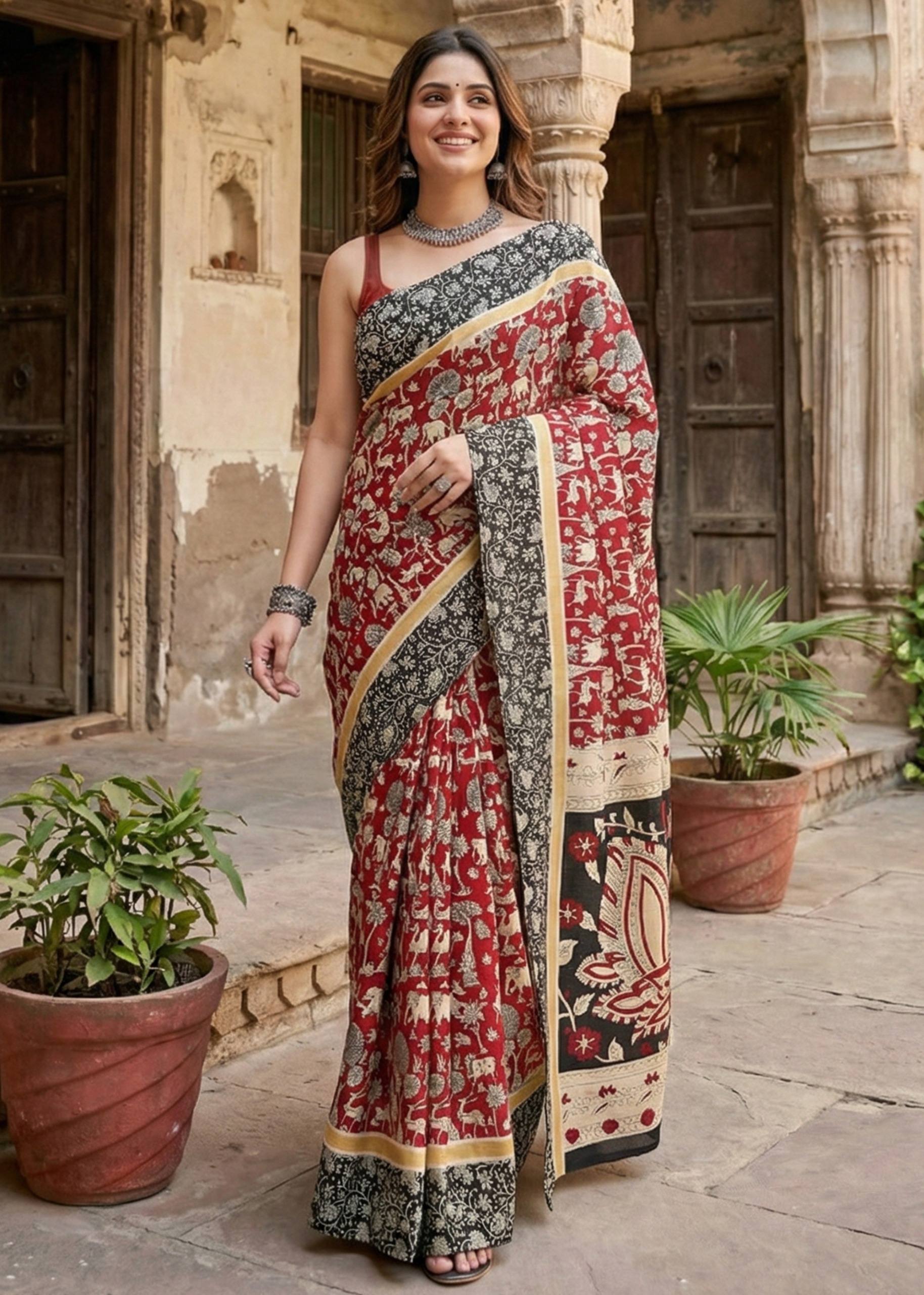 PURE MULMUL COTTON KALMKARI HAND BLOCK PRINT RED AND BLACK SAREE WITH BLOUSE