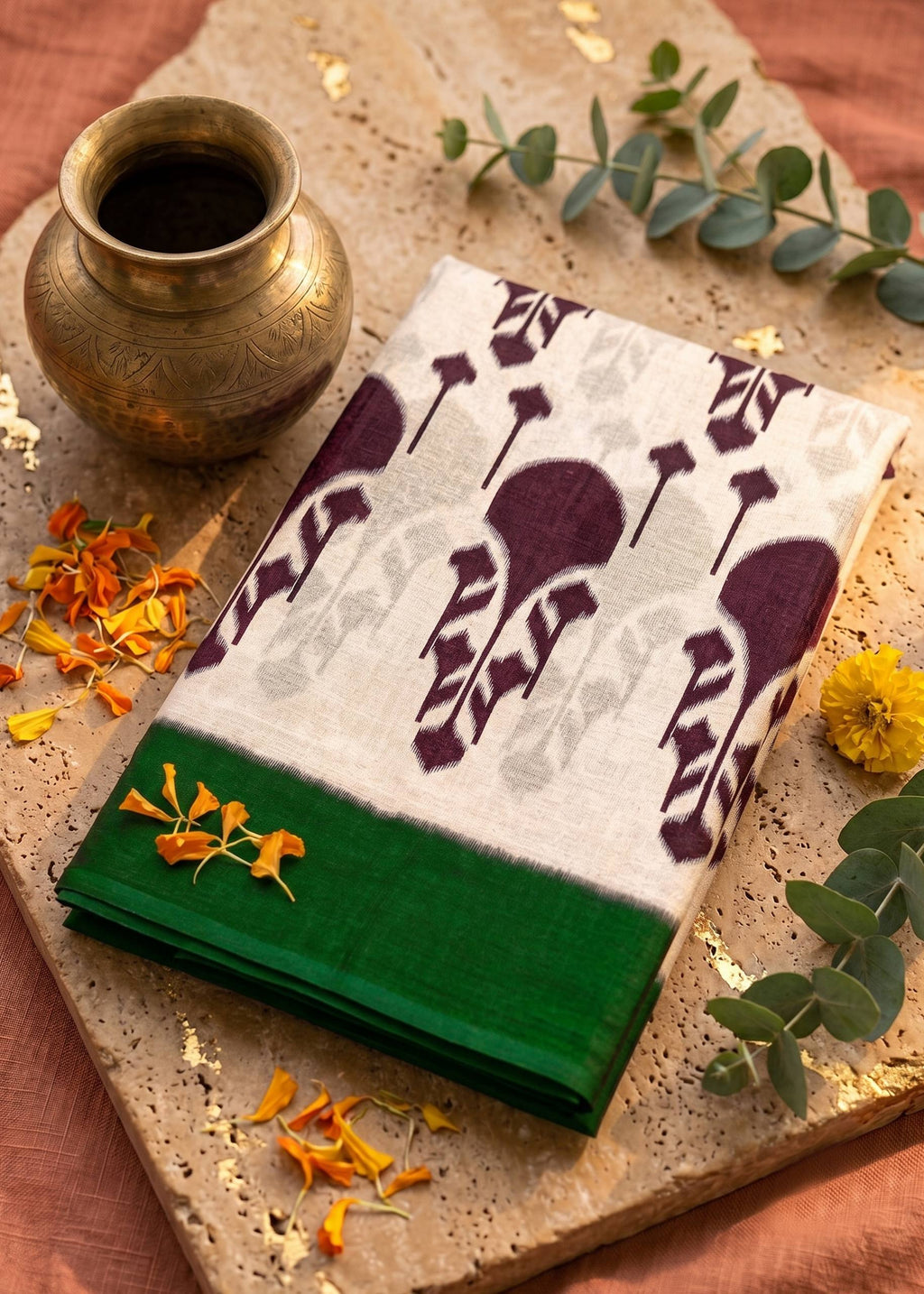 PREMIUM MULMUL COTTON BLEND MAROON AND GREEN SAREE WITH BLOUSE