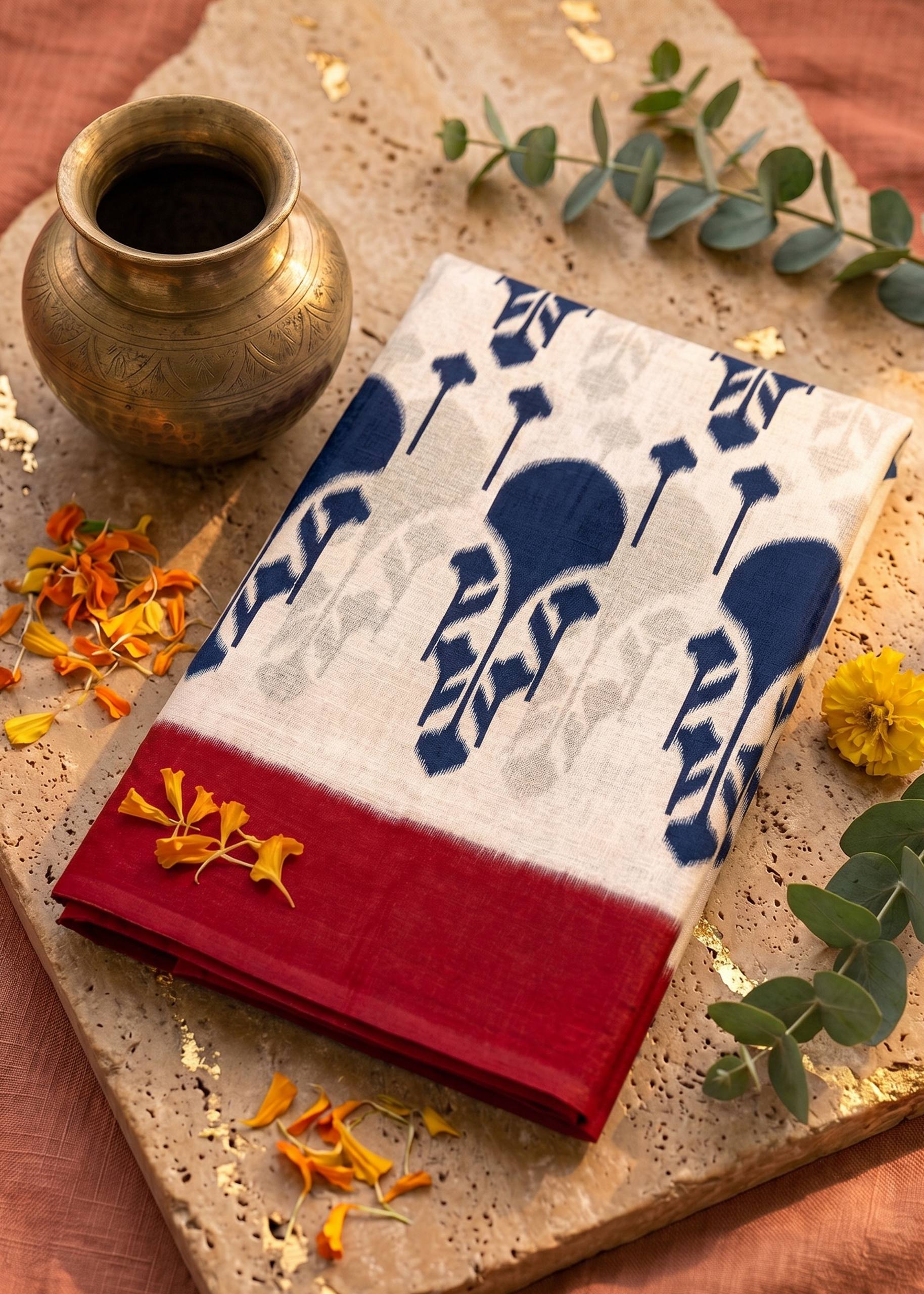 PREMIUM MULMUL COTTON BLEND NEVY BLUE AND RED SAREE WITH BLOUSE