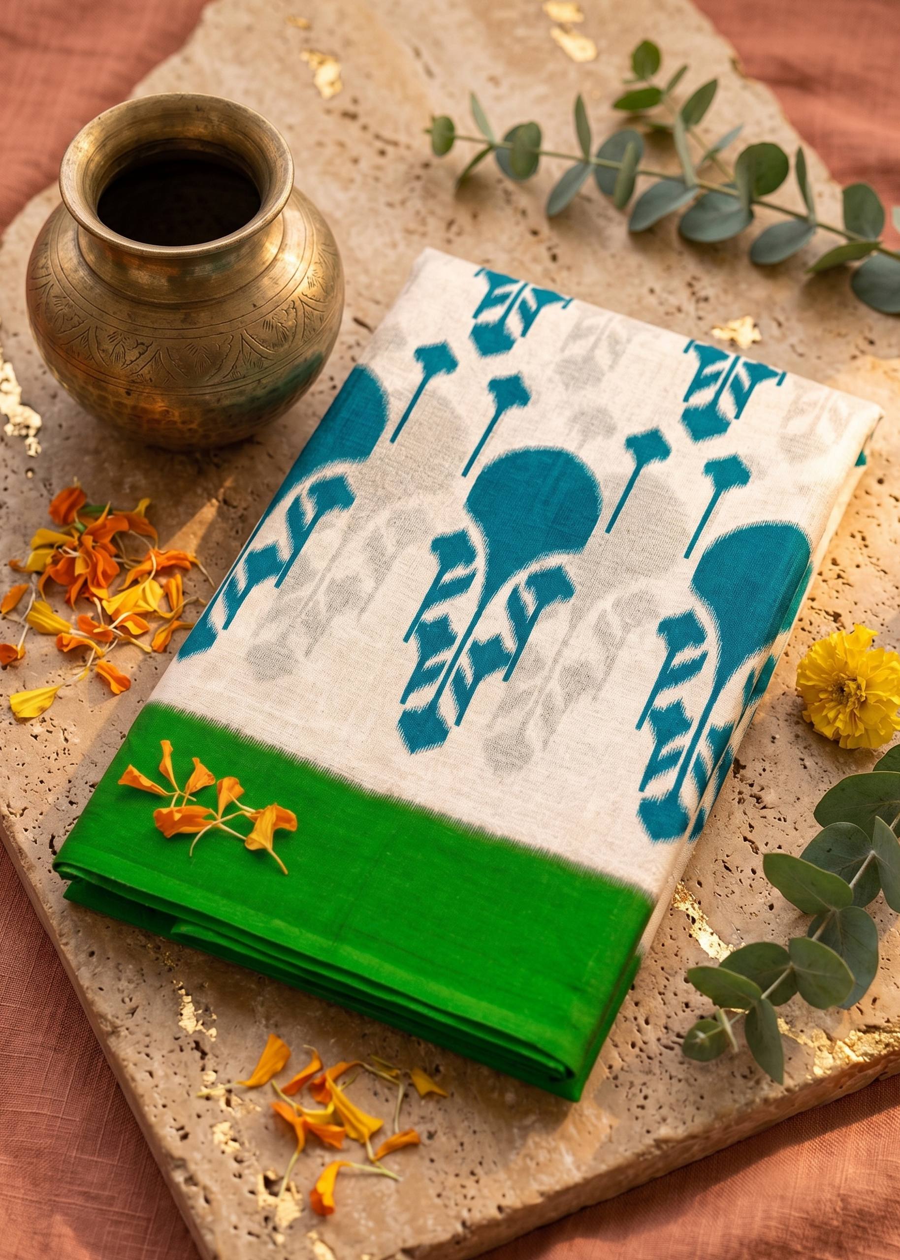 PREMIUM MULMUL COTTON BLEND BLUE AND GREEN SAREE WITH BLOUSE