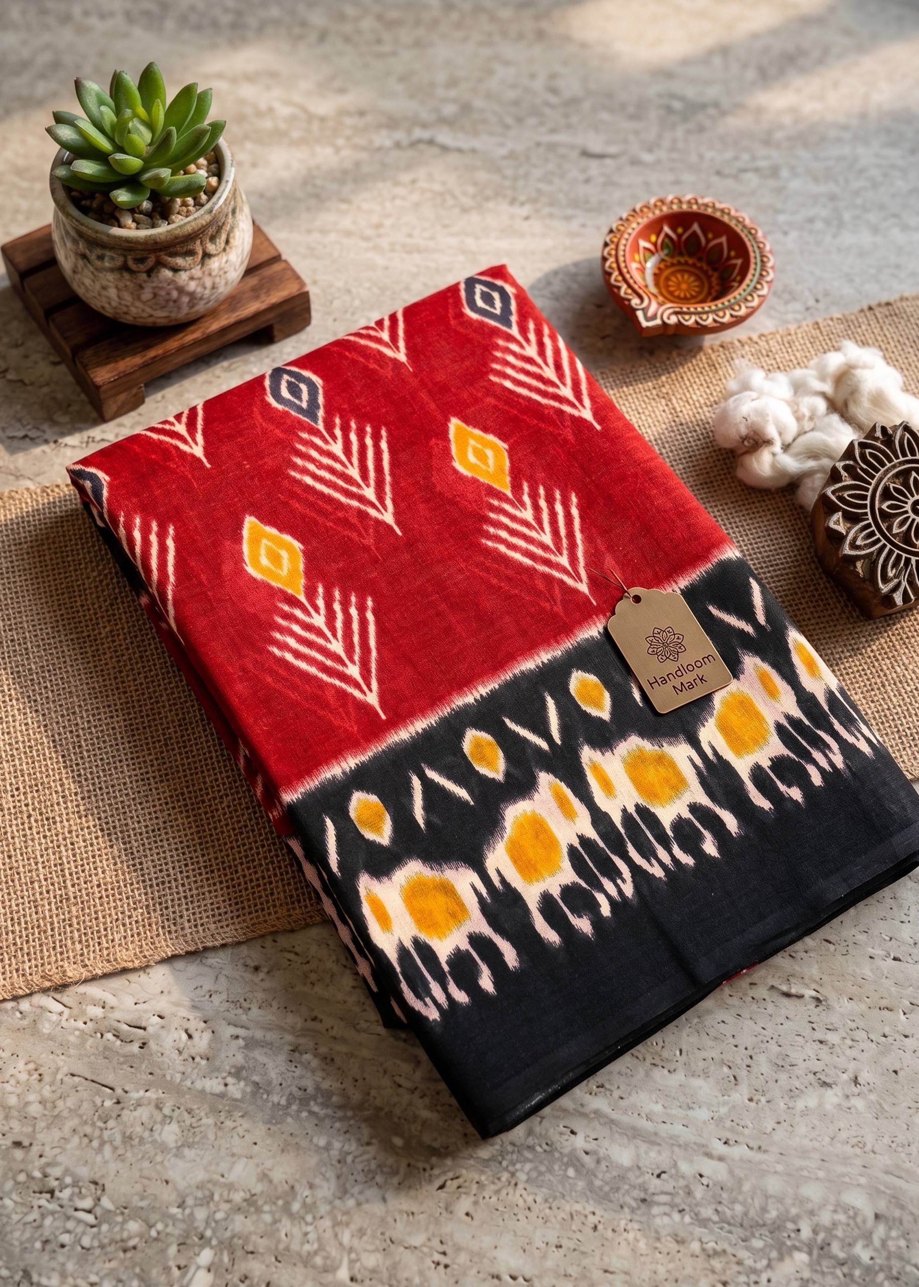 PURE HANDLOOM SOFT COTTON IKKAT RED SAREE WITH BLOUSE