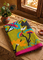 PREMIUM SOFT COTTON MULMUL BLEND KALAMKARI PRINTE GREEN SAREE WITH BLOUSE