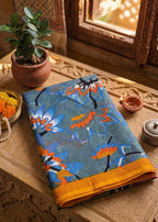 PREMIUM SOFT COTTON MULMUL BLEND KALAMKARI PRINTE SKY BLUE SAREE WITH BLOUSE