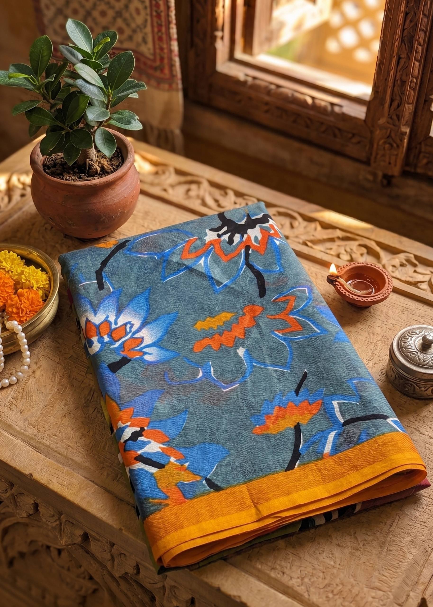 PREMIUM SOFT COTTON MULMUL BLEND KALAMKARI PRINTE SKY BLUE SAREE WITH BLOUSE