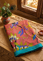 PREMIUM SOFT COTTON MULMUL BLEND KALAMKARI PRINTE PEACH SAREE WITH BLOUSE