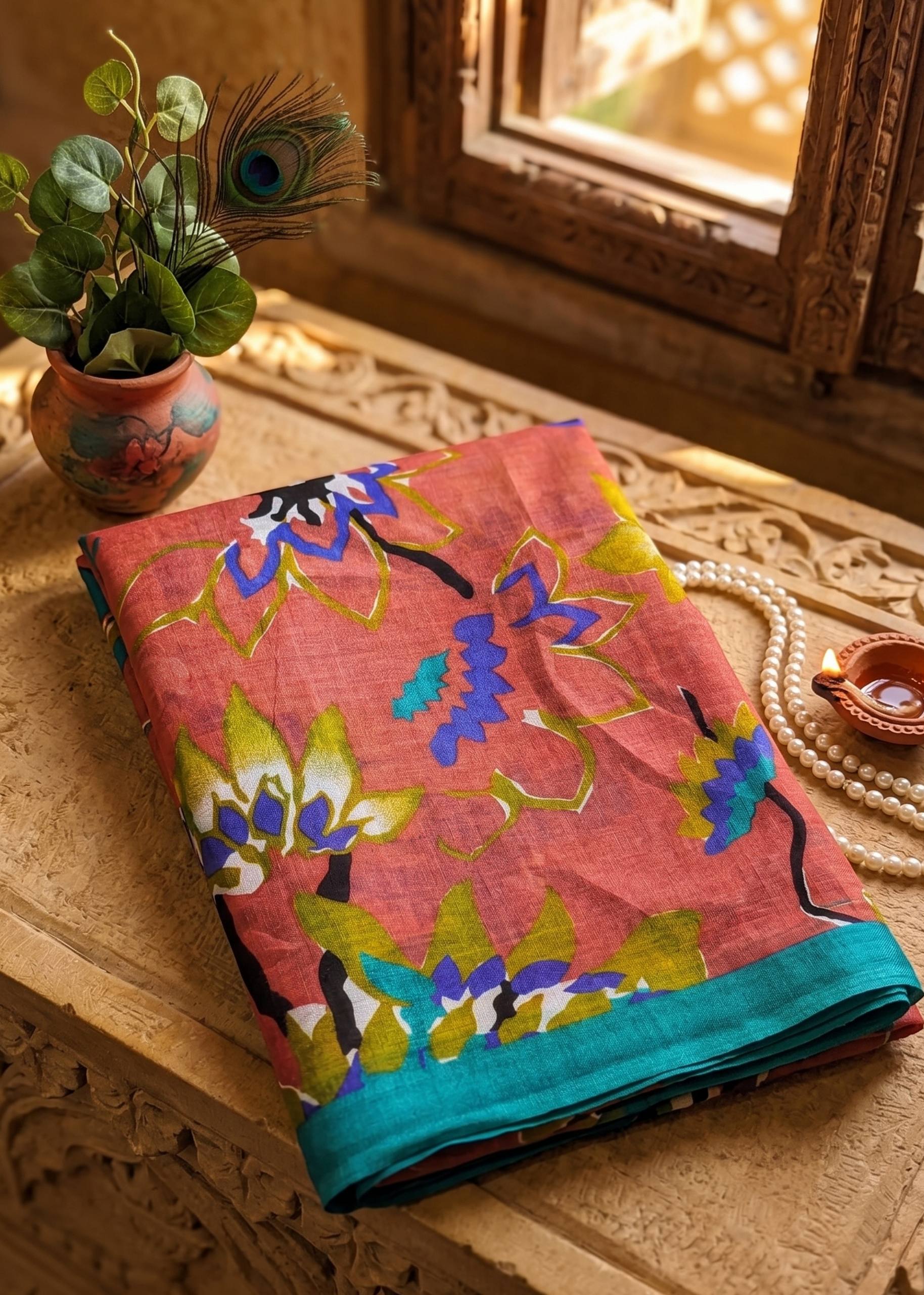 PREMIUM SOFT COTTON MULMUL BLEND KALAMKARI PRINTE PEACH SAREE WITH BLOUSE