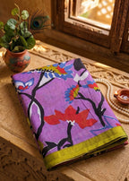 PREMIUM SOFT COTTON MULMUL BLEND KALAMKARI PRINTE PURPLE SAREE WITH BLOUSE