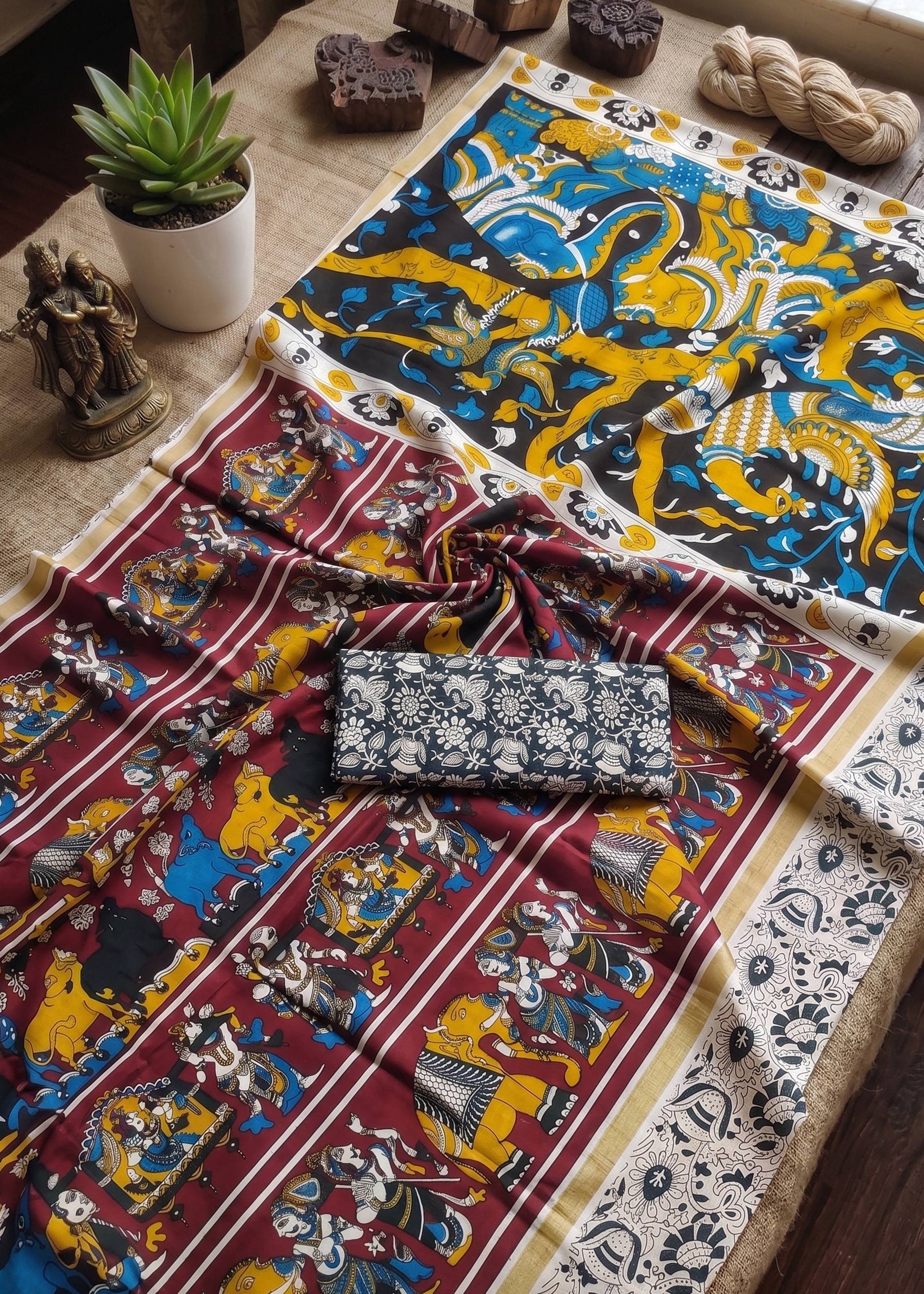 PURE MULMUL COTTON KALMKARI HAND BLOCK PRINT ULTRA SOFT & LIGHTWEIGHT MAROON SAREE WITH BLOUSE