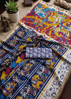 PURE MULMUL COTTON KALMKARI HAND BLOCK PRINT ULTRA SOFT & LIGHTWEIGHT BLUE SAREE WITH BLOUSE