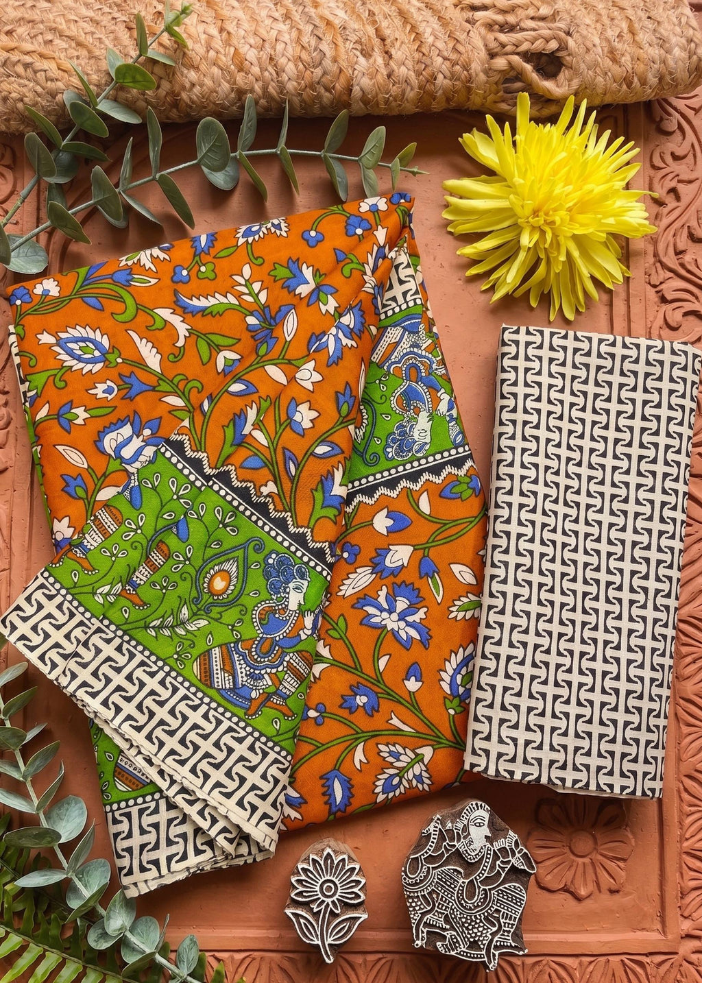 PURE MULMUL COTTON KALMKARI HAND BLOCK PRINT ULTRA SOFT & LIGHTWEIGHT ORANGE SAREE WITH BLOUSE
