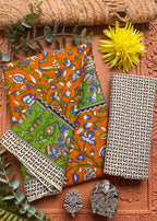 PURE MULMUL COTTON KALMKARI HAND BLOCK PRINT ULTRA SOFT & LIGHTWEIGHT ORANGE SAREE WITH BLOUSE