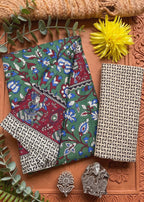 PURE MULMUL COTTON KALMKARI HAND BLOCK PRINT ULTRA SOFT & LIGHTWEIGHT GREEN SAREE WITH BLOUSE