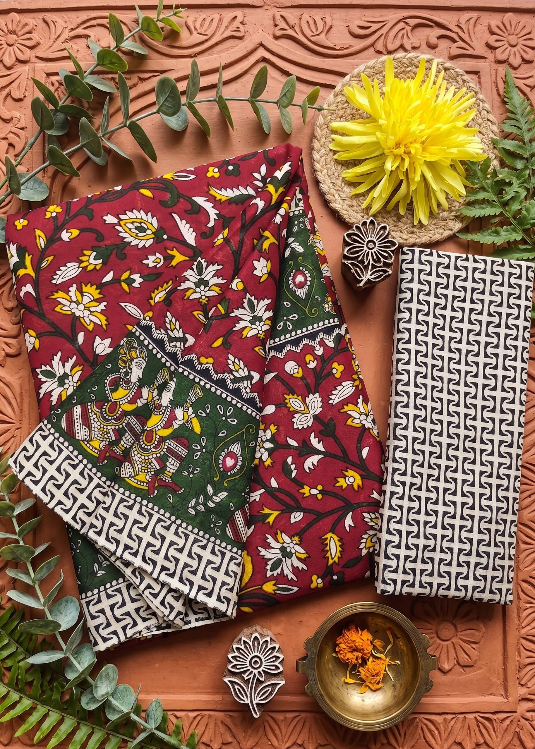 PURE MULMUL COTTON KALMKARI HAND BLOCK PRINT ULTRA SOFT & LIGHTWEIGHT RED SAREE WITH BLOUSE
