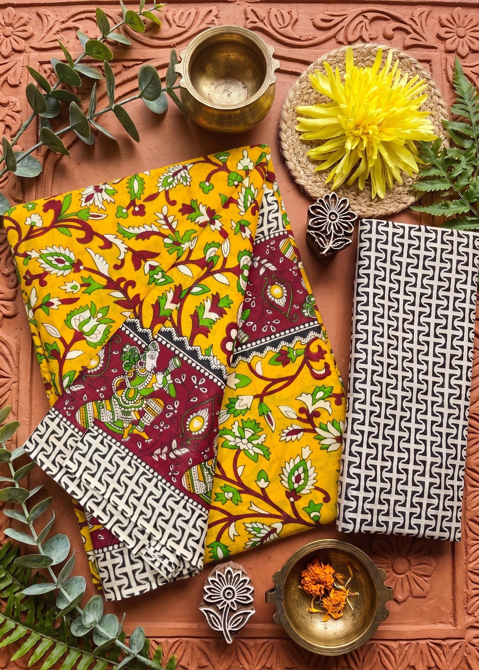 PURE MULMUL COTTON KALMKARI HAND BLOCK PRINT ULTRA SOFT & LIGHTWEIGHT YELLOW SAREE WITH BLOUSE