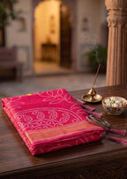 RANGT PURE SOFT COTTON WITH GOLDEN WEAVING BANDHANI AND AJRAK BLOCK PRINT PINK SAREE WITH BLOUSE