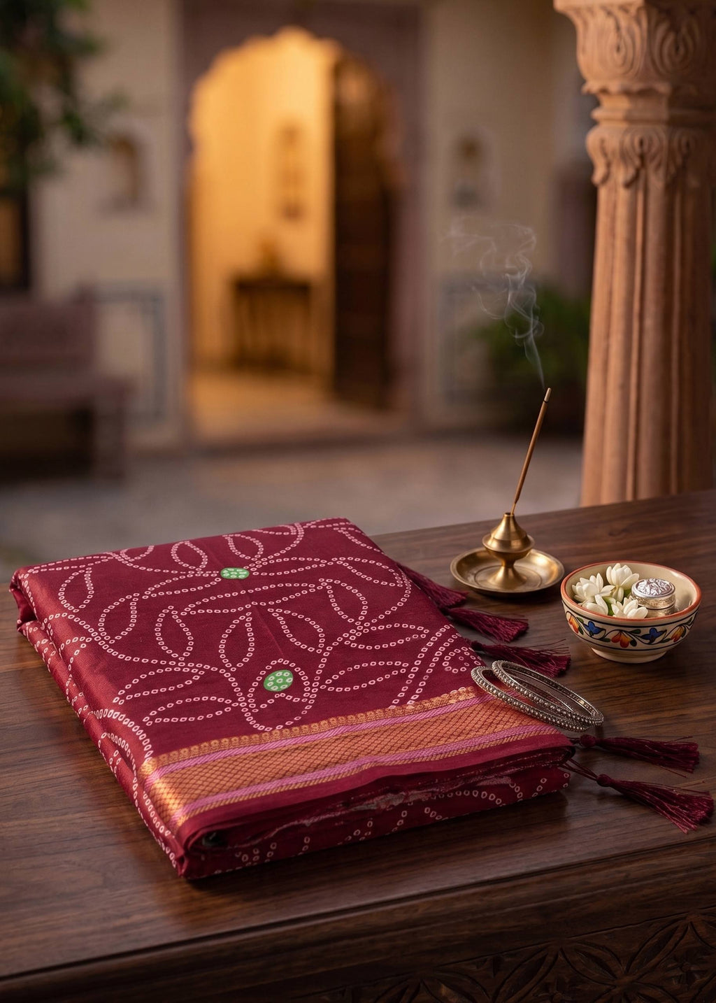 RANGT PURE SOFT COTTON WITH GOLDEN WEAVING BANDHANI AND AJRAK BLOCK PRINT MAROON SAREE WITH BLOUSE