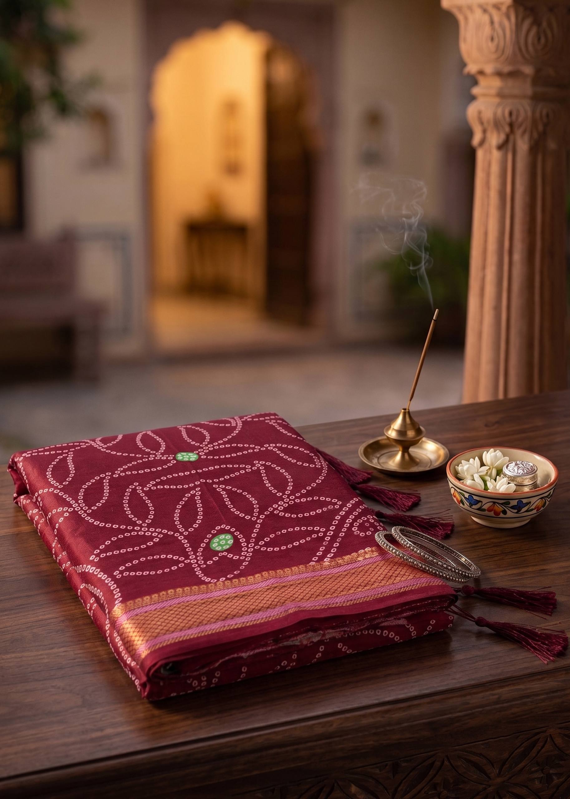 RANGT PURE SOFT COTTON WITH GOLDEN WEAVING BANDHANI AND AJRAK BLOCK PRINT MAROON SAREE WITH BLOUSE