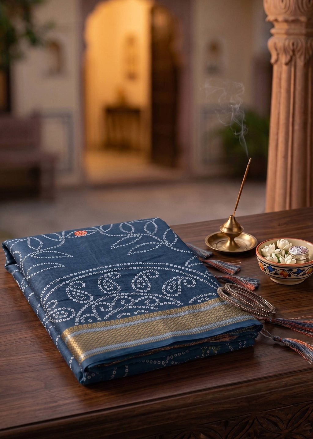 RANGT PURE SOFT COTTON WITH GOLDEN WEAVING BANDHANI AND AJRAK BLOCK PRINT GREY SAREE WITH BLOUSE