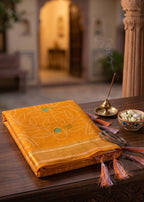 RANGT PURE SOFT COTTON WITH GOLDEN WEAVING BANDHANI AND AJRAK BLOCK PRINT YELLOW SAREE WITH BLOUSE