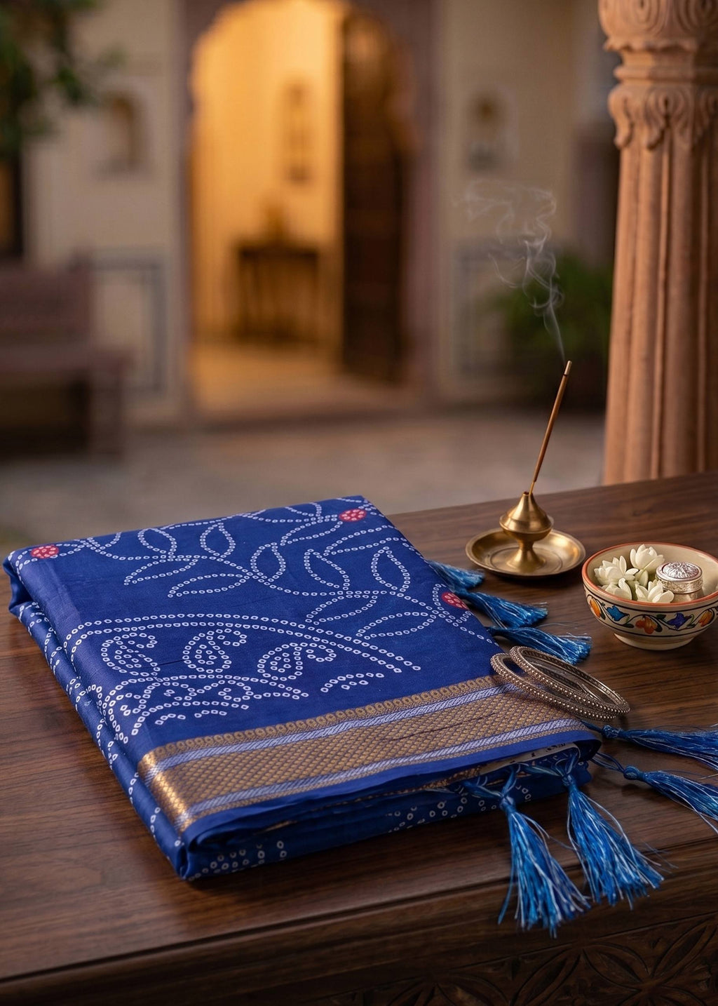 RANGT PURE SOFT COTTON WITH GOLDEN WEAVING BANDHANI AND AJRAK BLOCK PRINT BLUE SAREE WITH BLOUSE