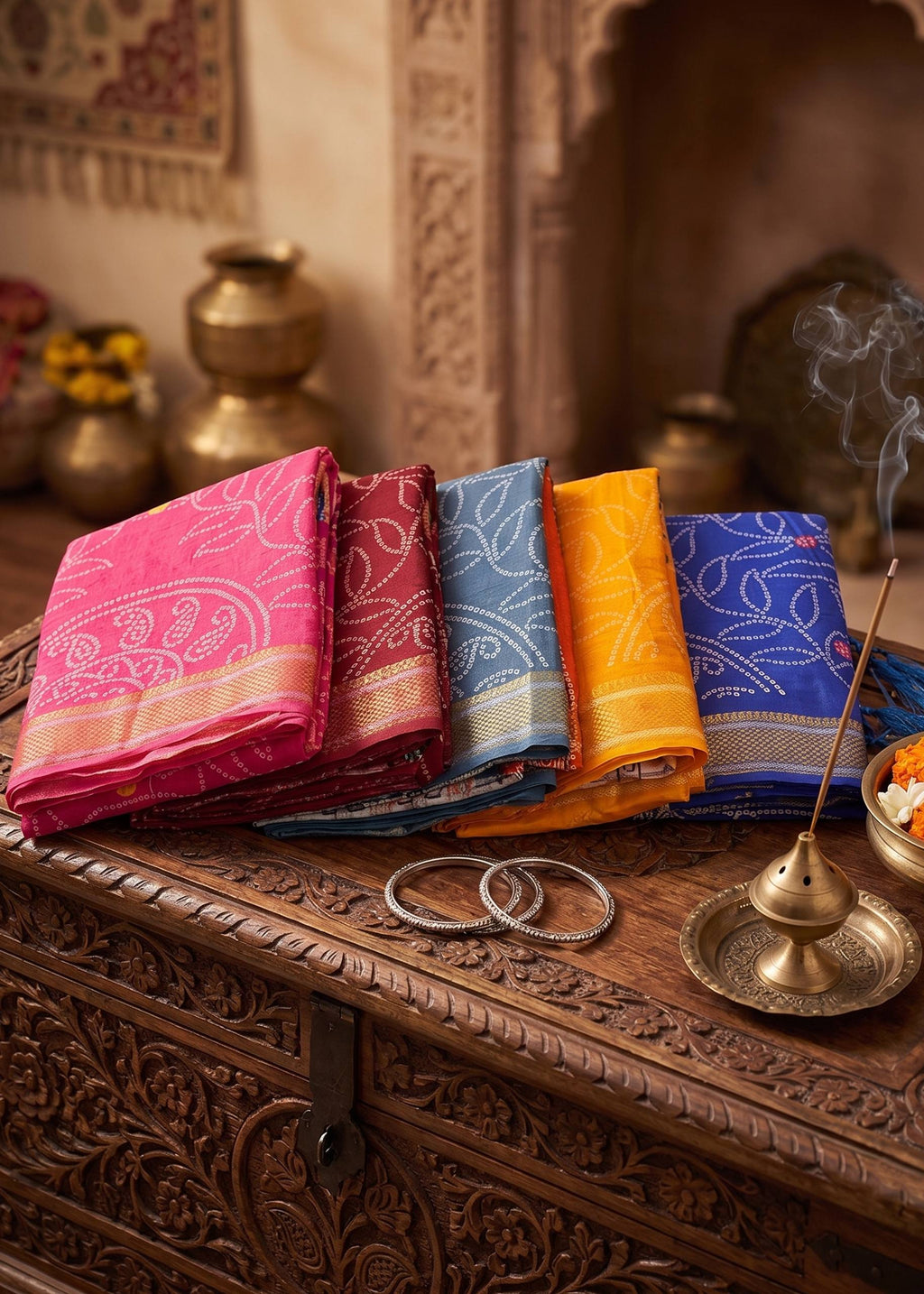 RANGT PURE SOFT COTTON WITH GOLDEN WEAVING BANDHANI AND AJRAK BLOCK PRINT PINK SAREE WITH BLOUSE