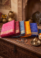 RANGT PURE SOFT COTTON WITH GOLDEN WEAVING BANDHANI AND AJRAK BLOCK PRINT BLUE SAREE WITH BLOUSE