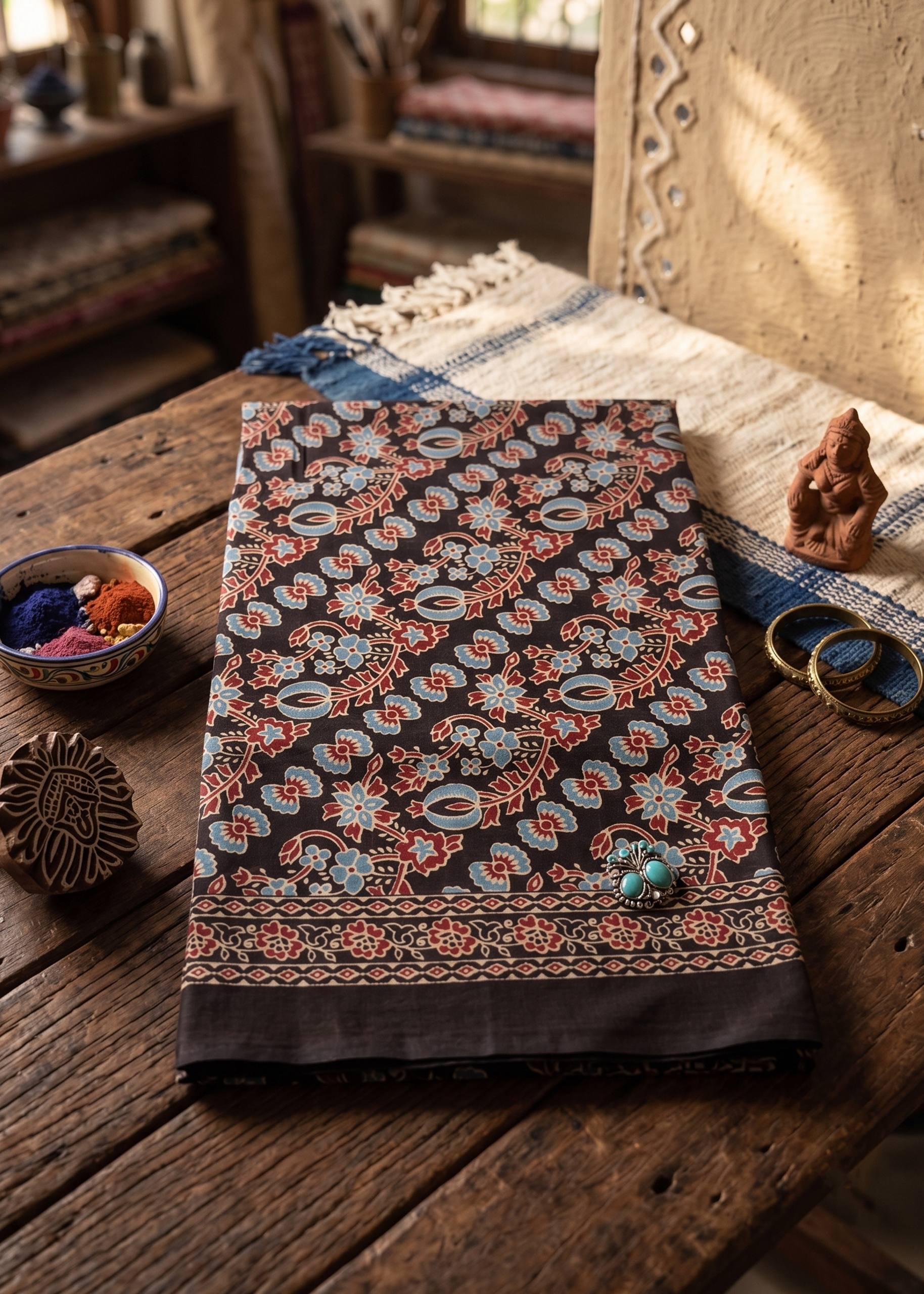 PURE SOFT COTTON JAIPUR BLOCK PRINT INDIGO COLOR SAREE WITH BLOUSE